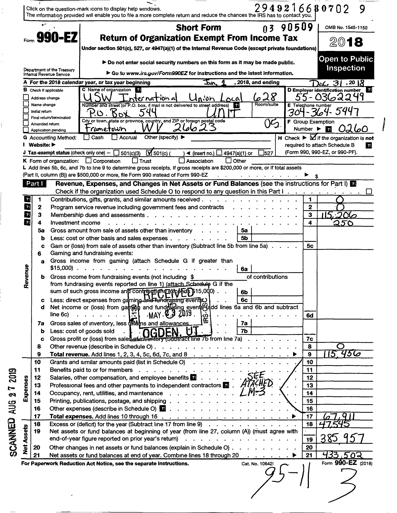 Image of first page of 2018 Form 990EO for United Steelworkers - 00628 Local