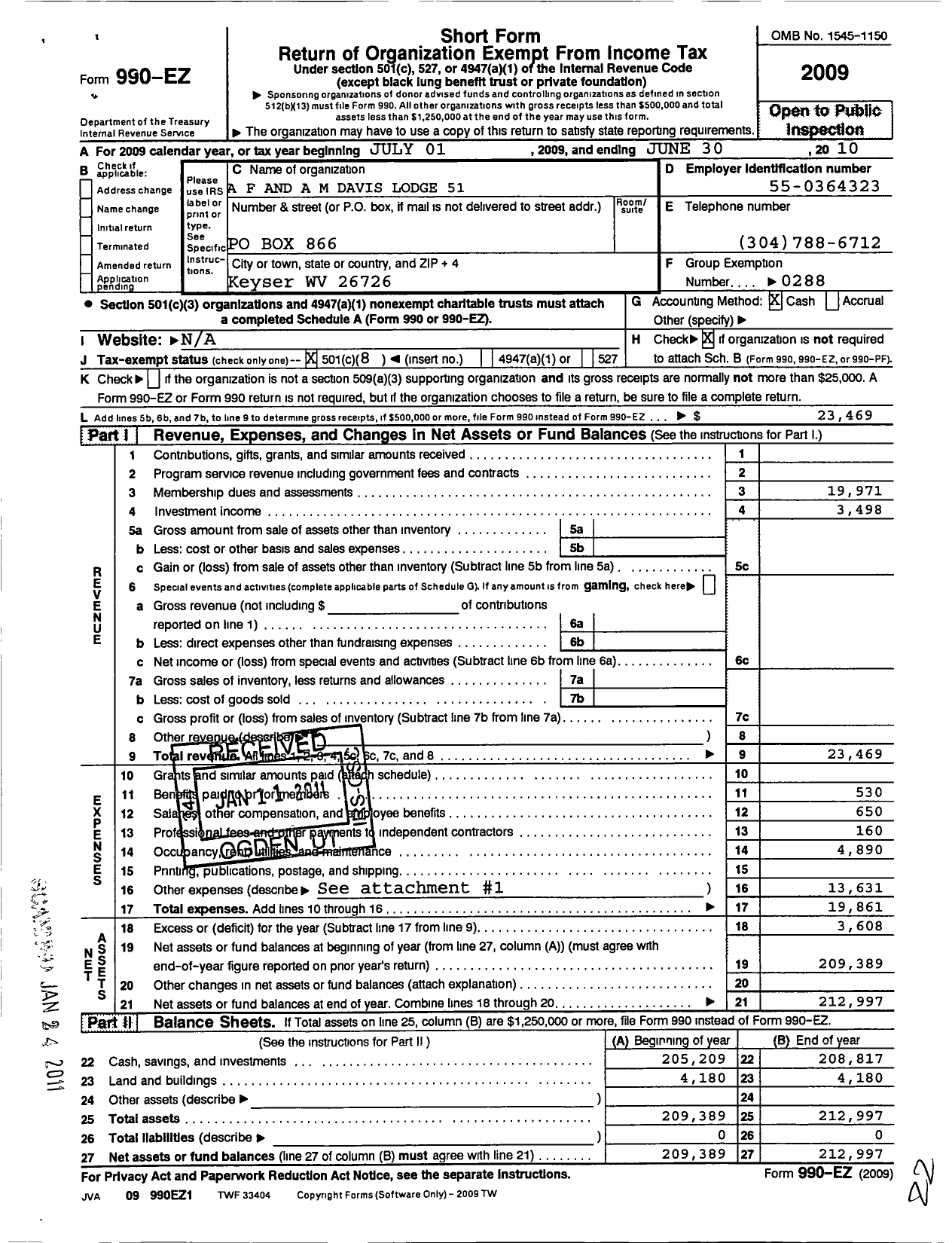 Image of first page of 2009 Form 990EO for Ancient Free and Accepted Masons of West Virginia - 51 Davis