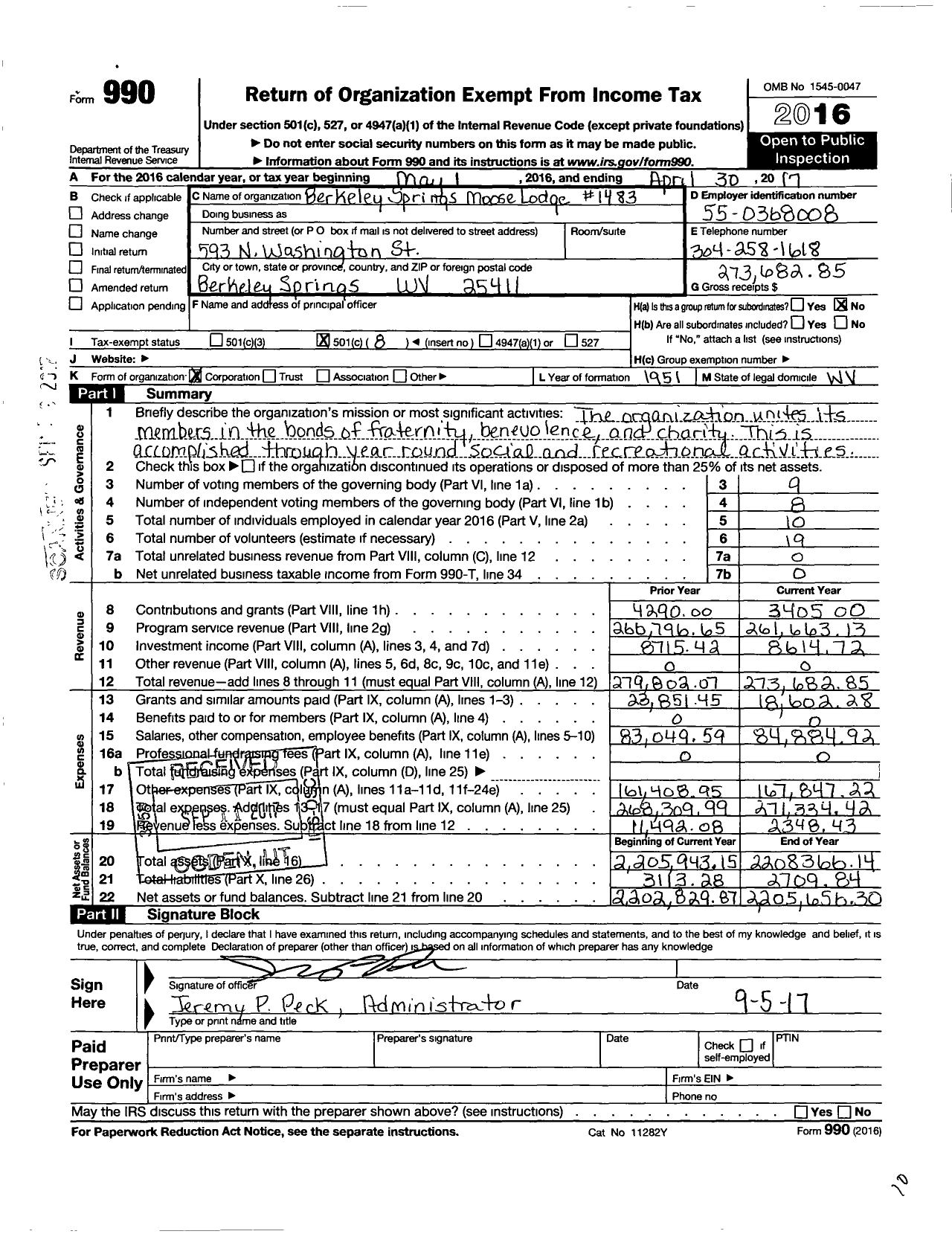 Image of first page of 2016 Form 990O for Loyal Order of Moose - Berkeley Springs Moose Lodge #1483