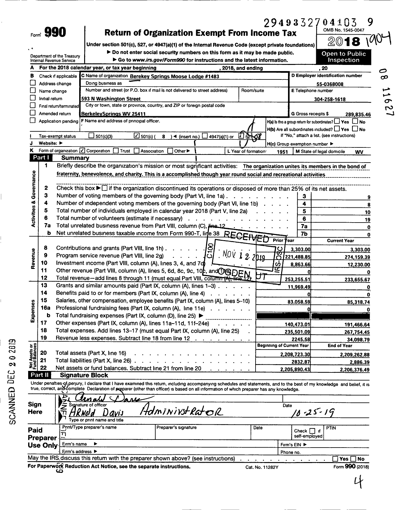 Image of first page of 2018 Form 990O for Loyal Order of Moose - Berkeley Springs Moose Lodge #1483