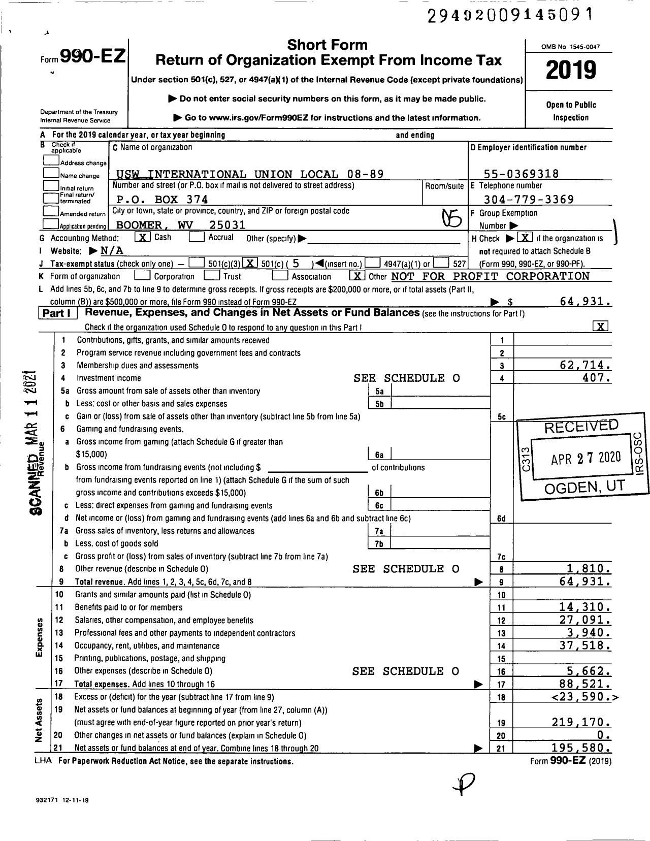 Image of first page of 2019 Form 990EO for United Steelworkers - 8-00089 Local