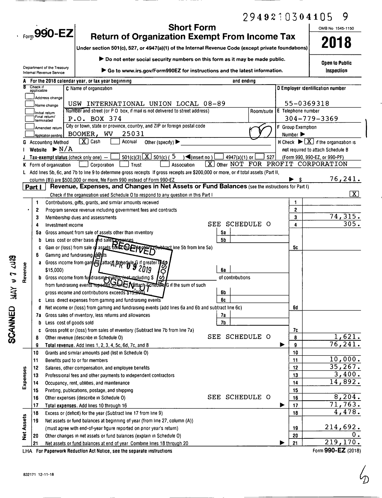 Image of first page of 2018 Form 990EO for United Steelworkers - 8-00089 Local