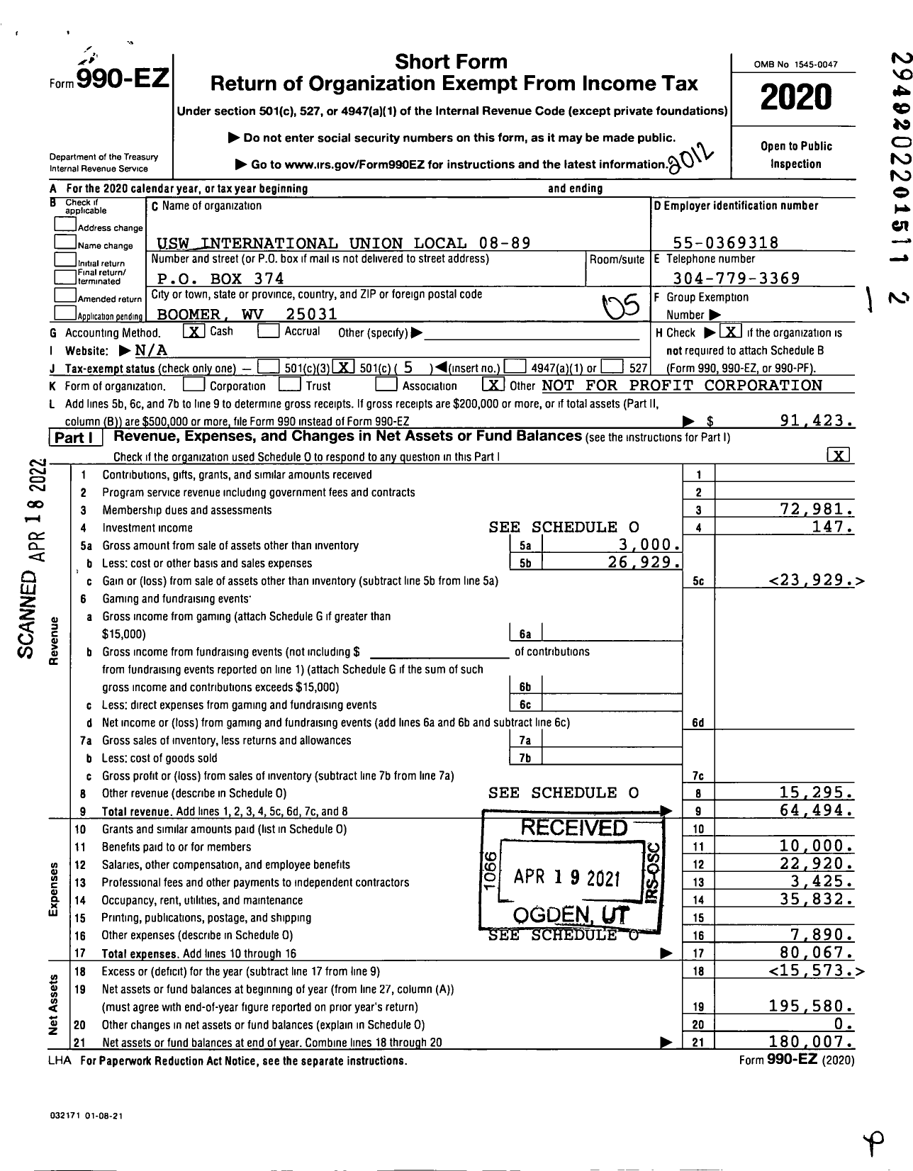 Image of first page of 2020 Form 990EO for United Steelworkers - 8-00089 Local
