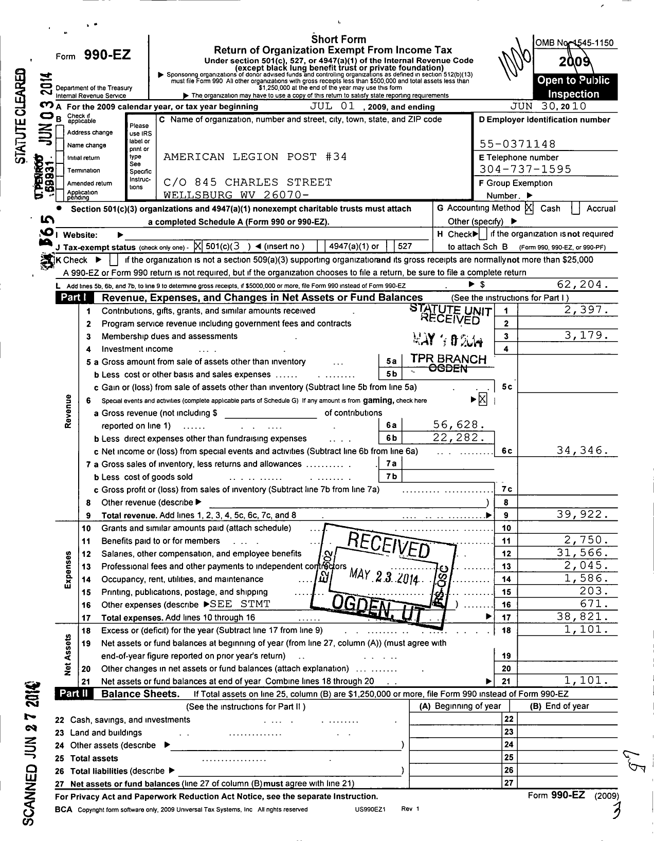 Image of first page of 2009 Form 990EZ for American Legion - 0034 Wellsburg