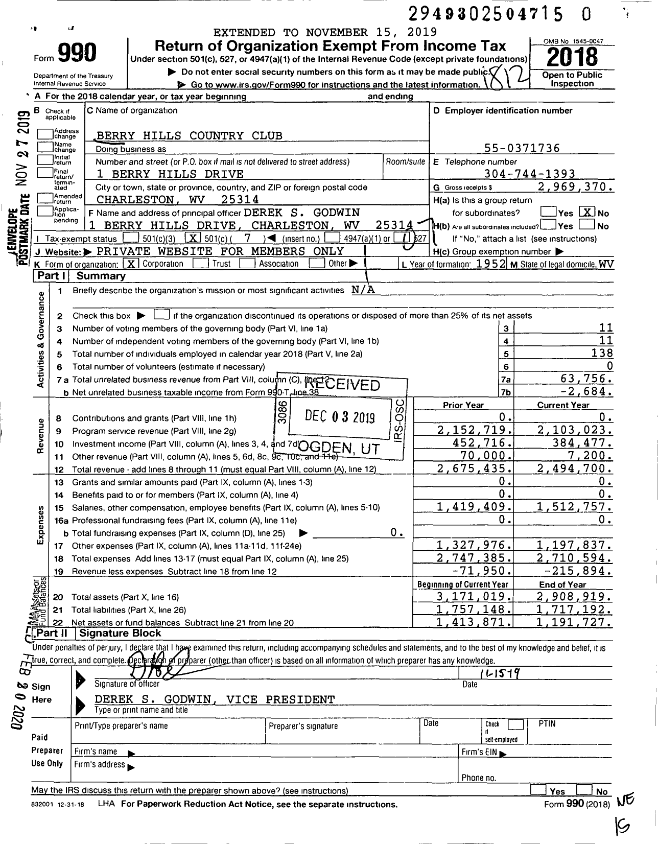 Image of first page of 2018 Form 990O for Berry Hills Country Club