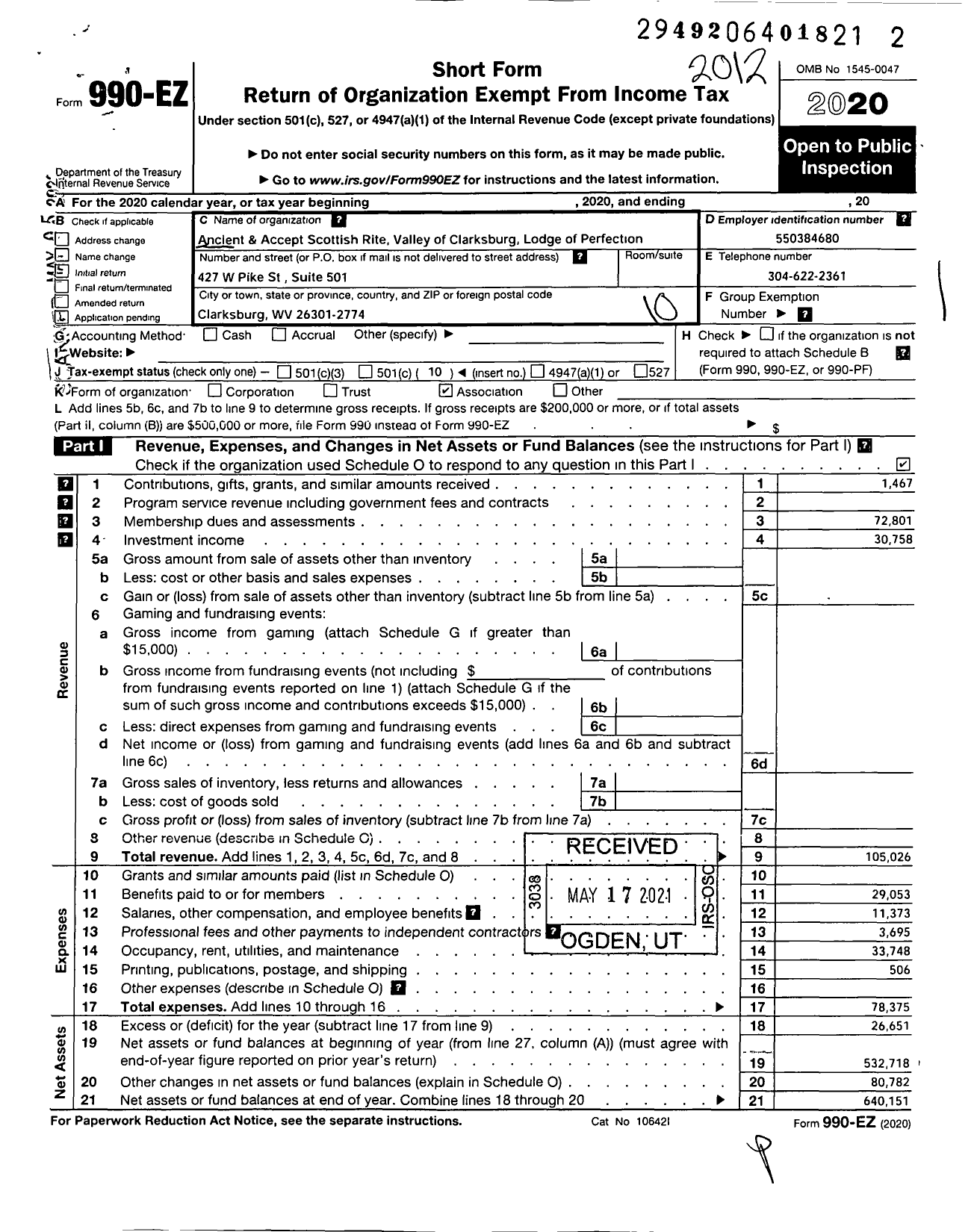 Image of first page of 2020 Form 990EO for Scottish Rite of Freemasonry Southern Jurisdiction - Valley of Clarksburg & Coord Bodies