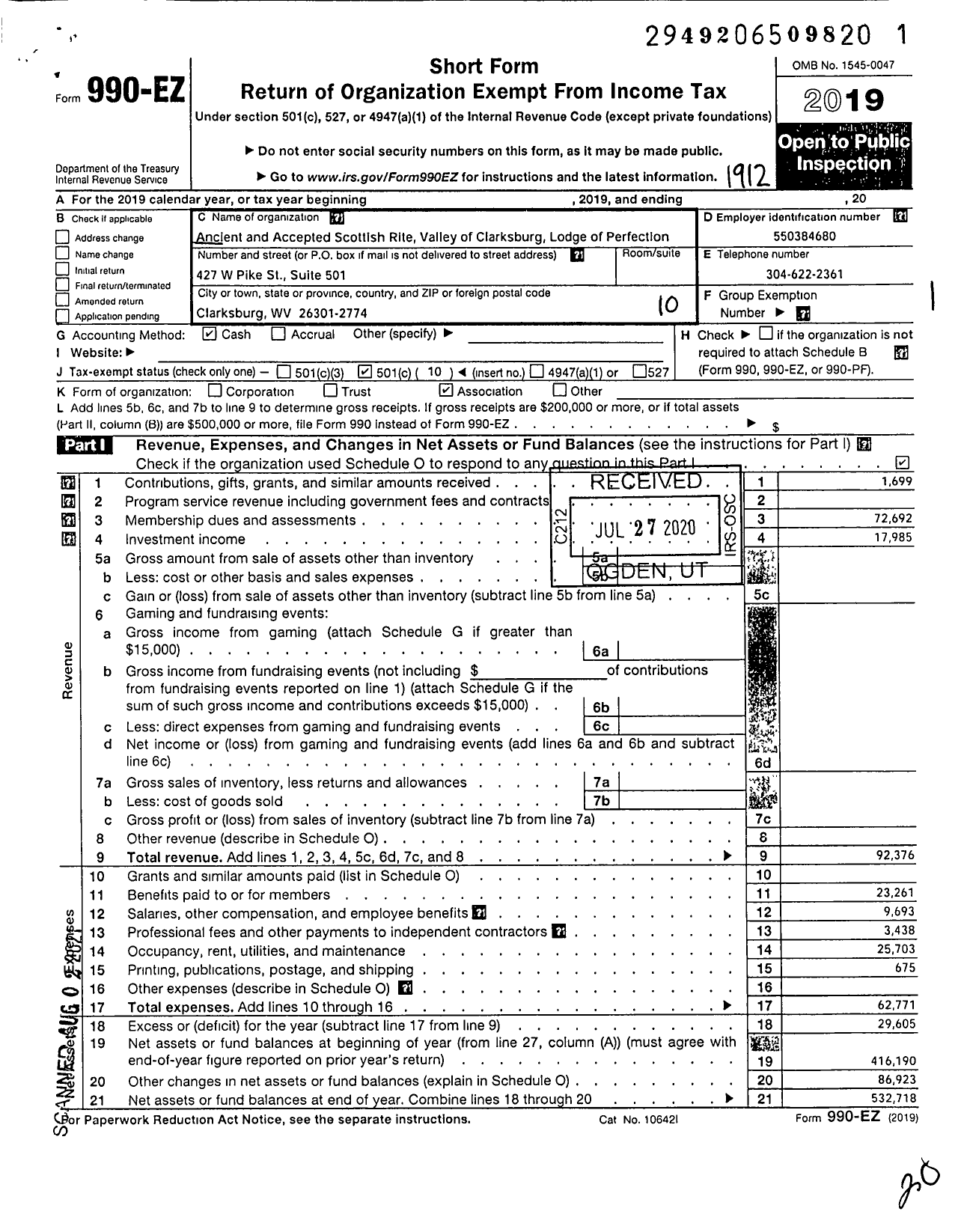 Image of first page of 2019 Form 990EO for Scottish Rite of Freemasonry Southern Jurisdiction - Valley of Clarksburg & Coord Bodies