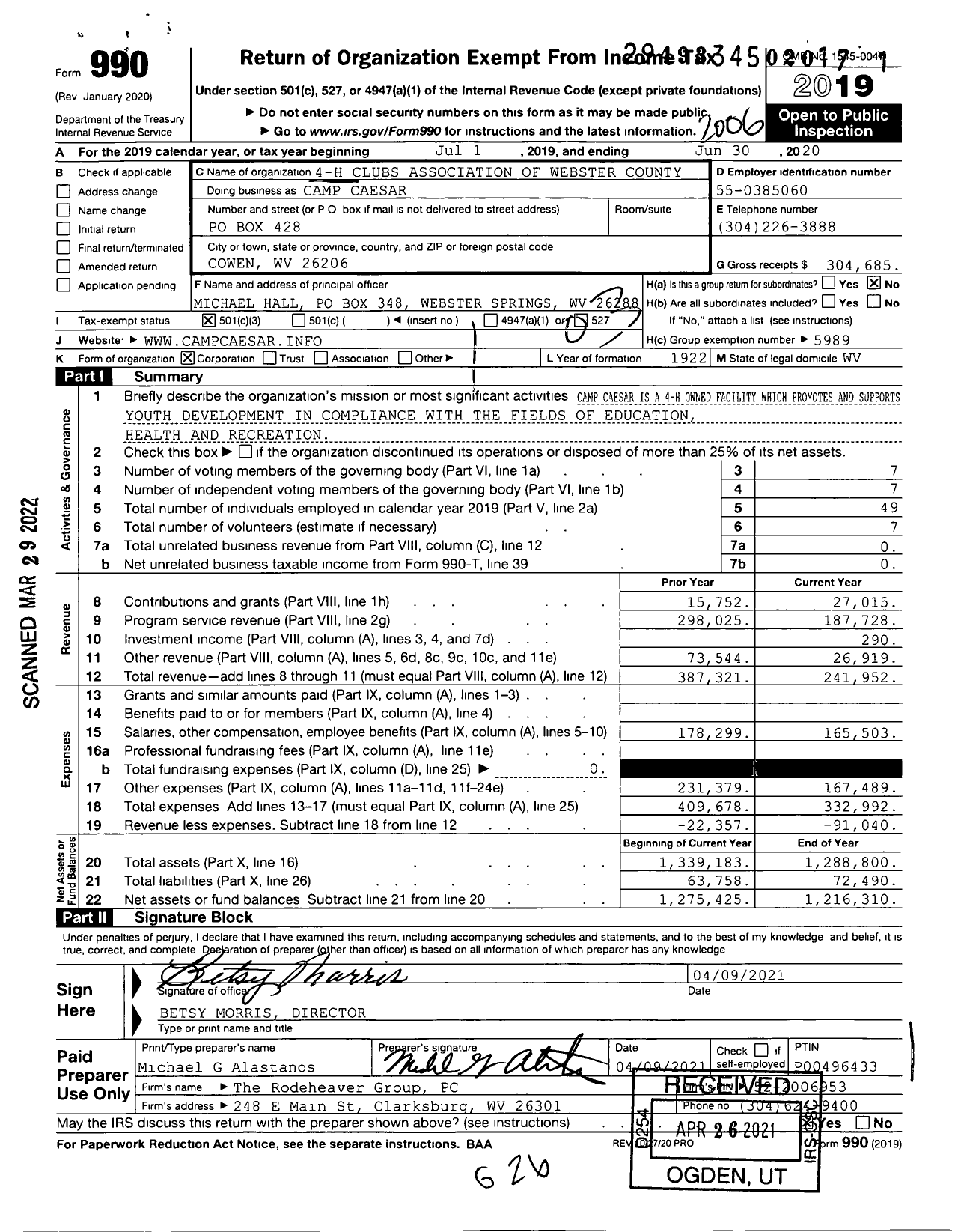 Image of first page of 2019 Form 990 for Camp Caesar