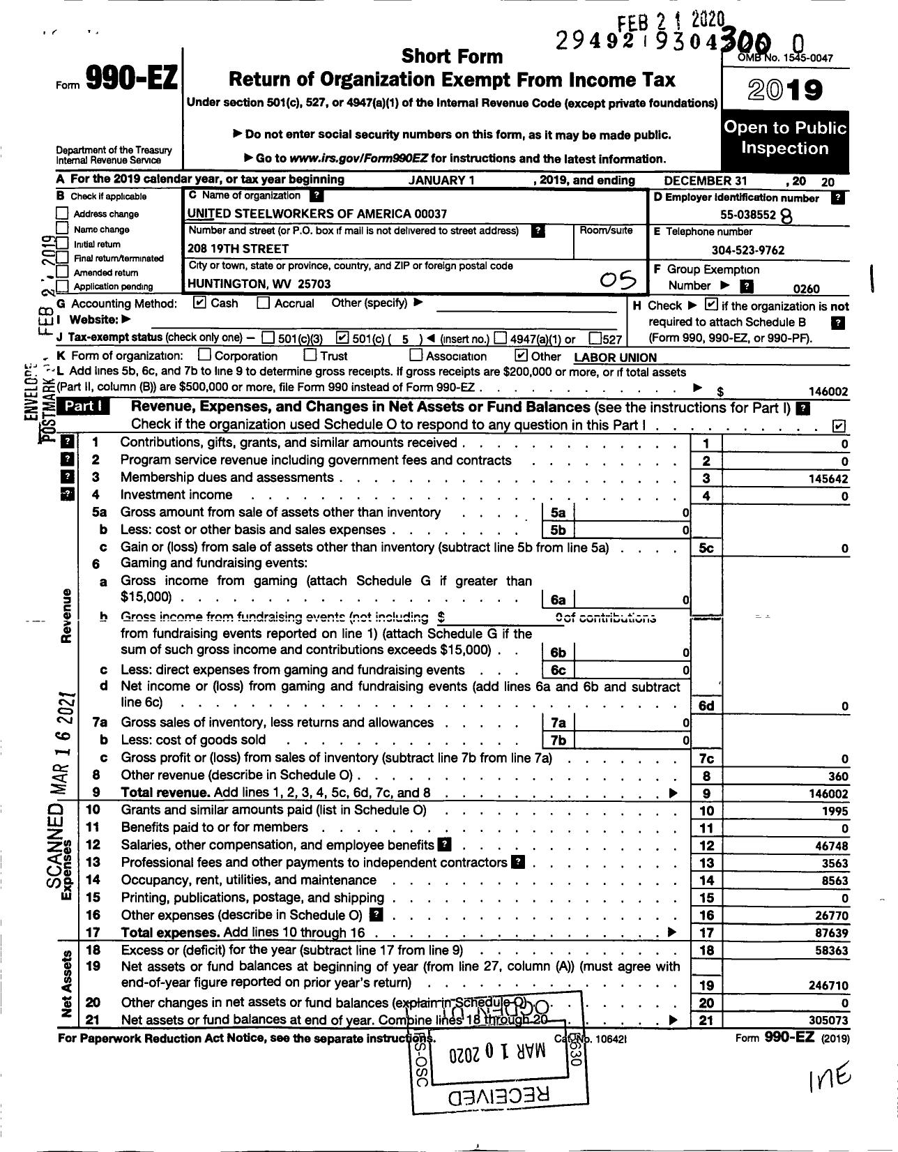 Image of first page of 2020 Form 990EO for United Steelworkers - 00037 Local