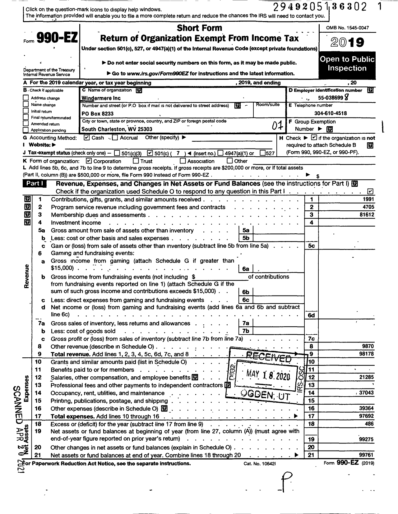 Image of first page of 2019 Form 990EO for Windermere