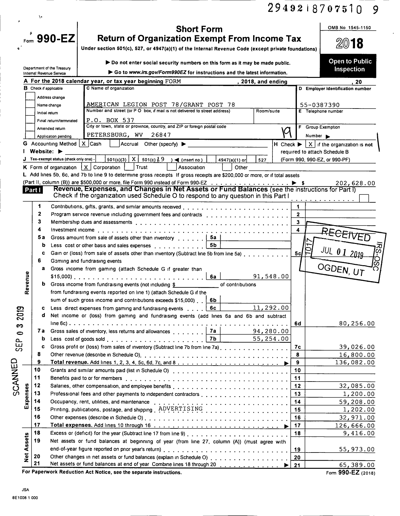 Image of first page of 2018 Form 990EO for American Legion - 0078 Grant