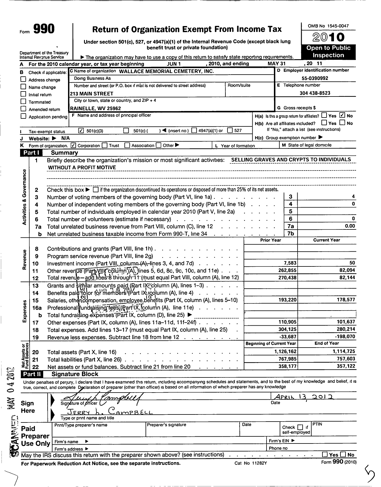 Image of first page of 2010 Form 990 for Wallace Memorial Cemetery