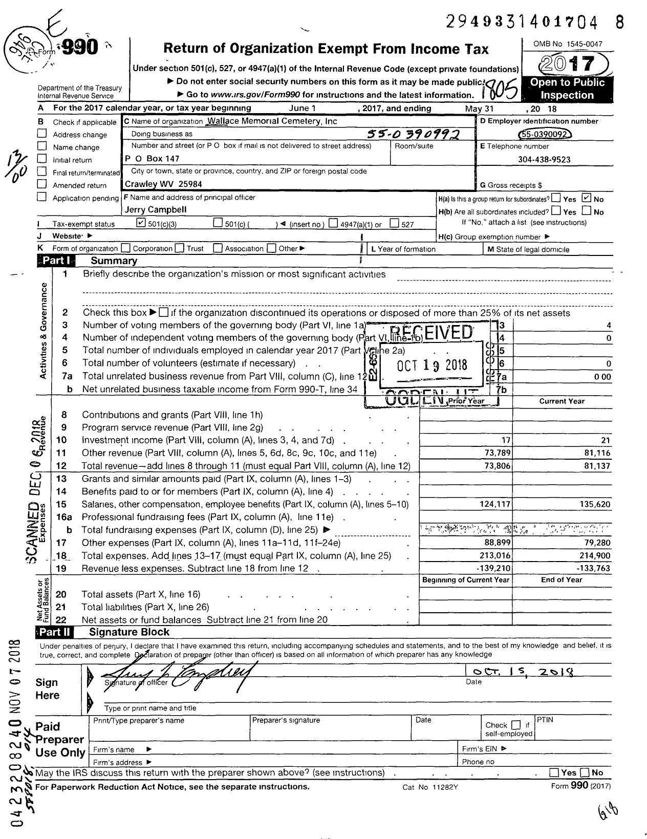 Image of first page of 2017 Form 990O for Wallace Memorial Cemetery