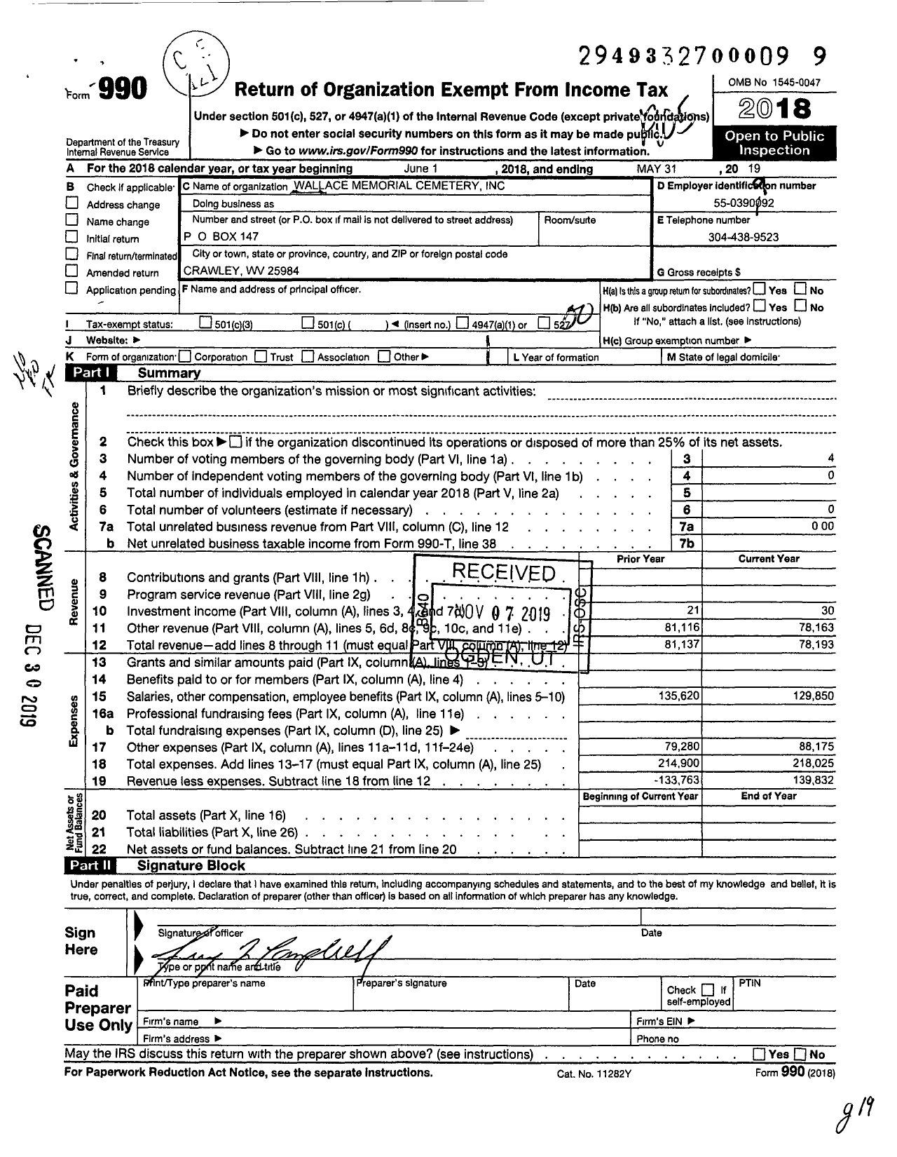 Image of first page of 2018 Form 990O for Wallace Memorial Cemetery