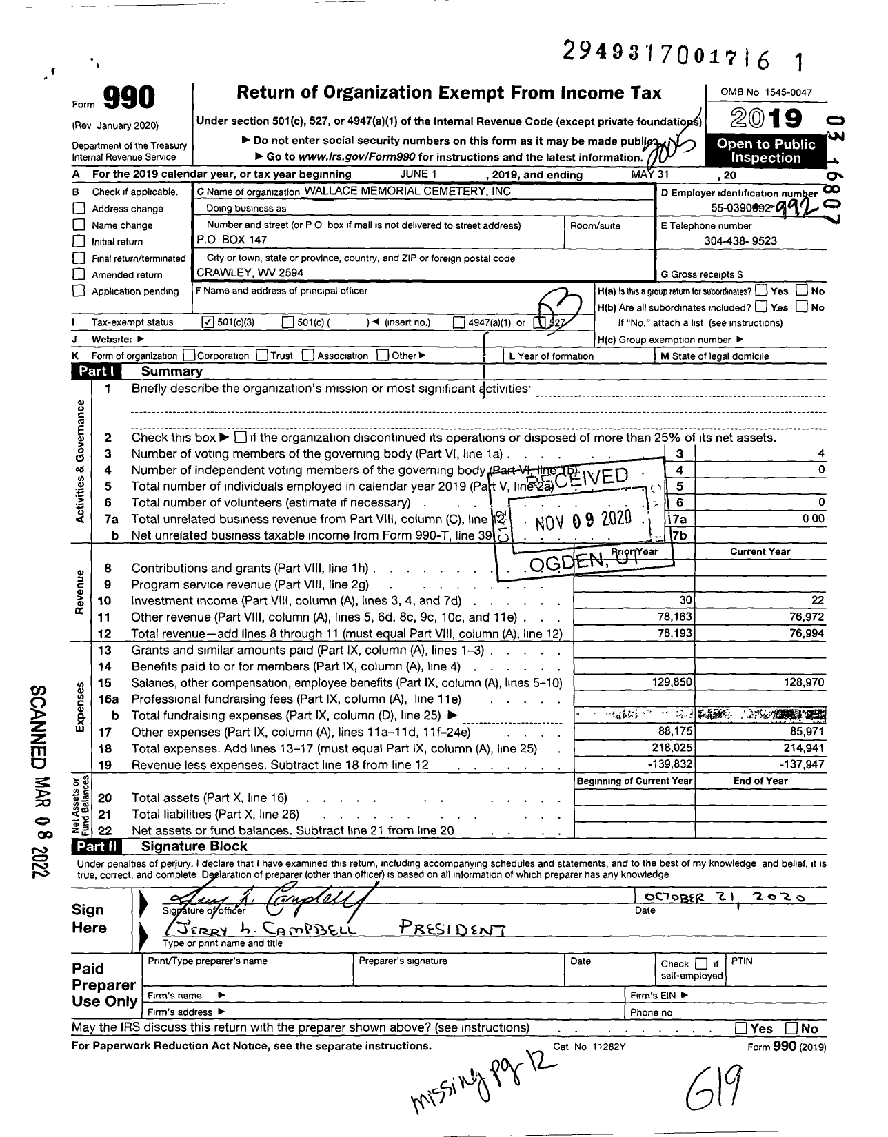 Image of first page of 2019 Form 990 for Wallace Memorial Cemetery