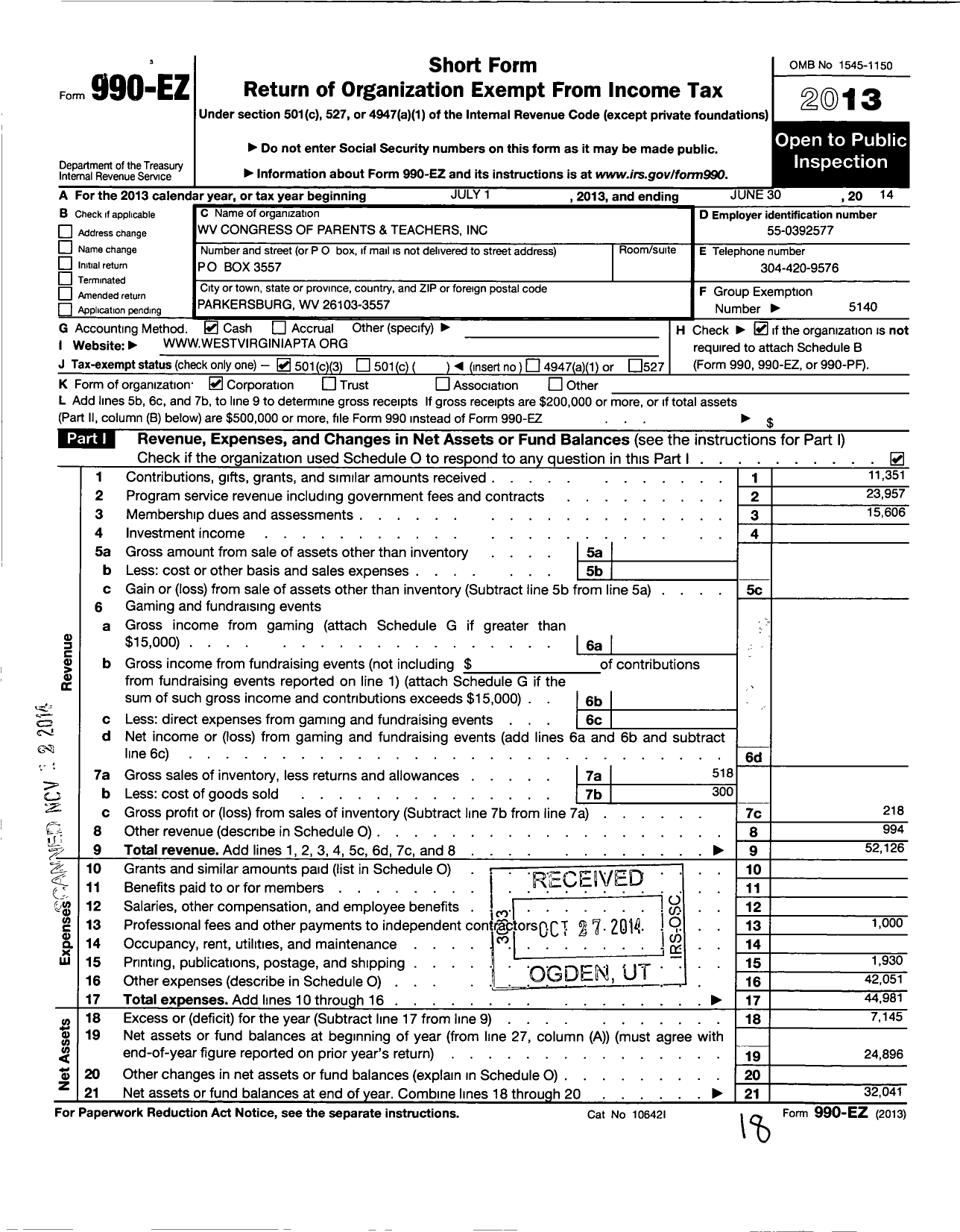Image of first page of 2013 Form 990EZ for WV Congress of Parents and Teachers