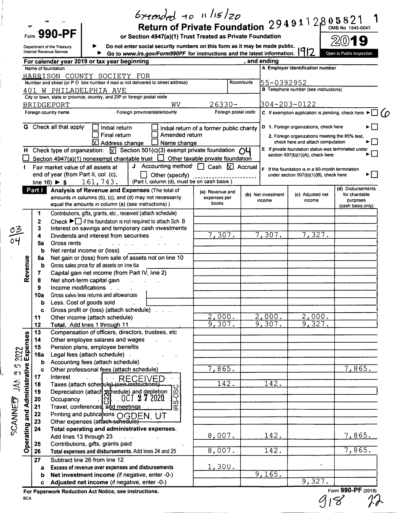 Image of first page of 2019 Form 990PF for Harrison County Society for