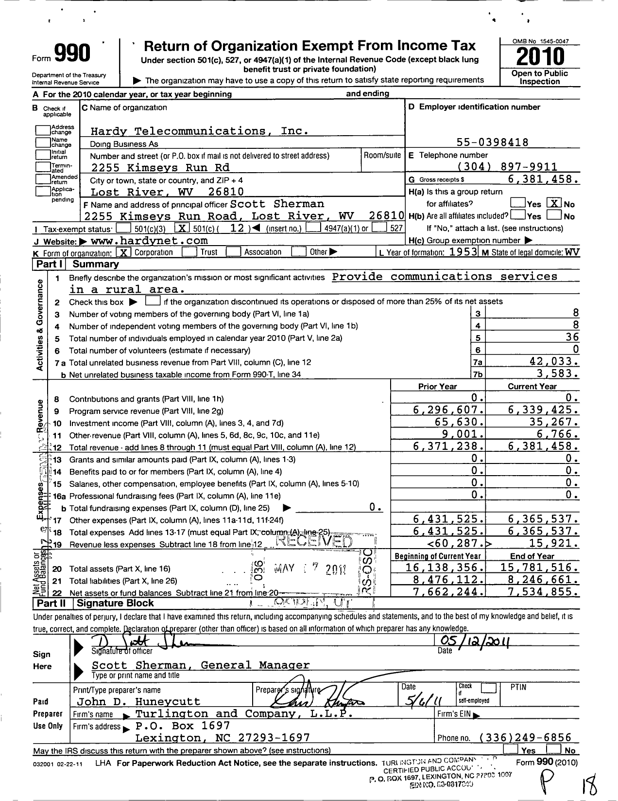 Image of first page of 2010 Form 990O for Hardy Telecommunications