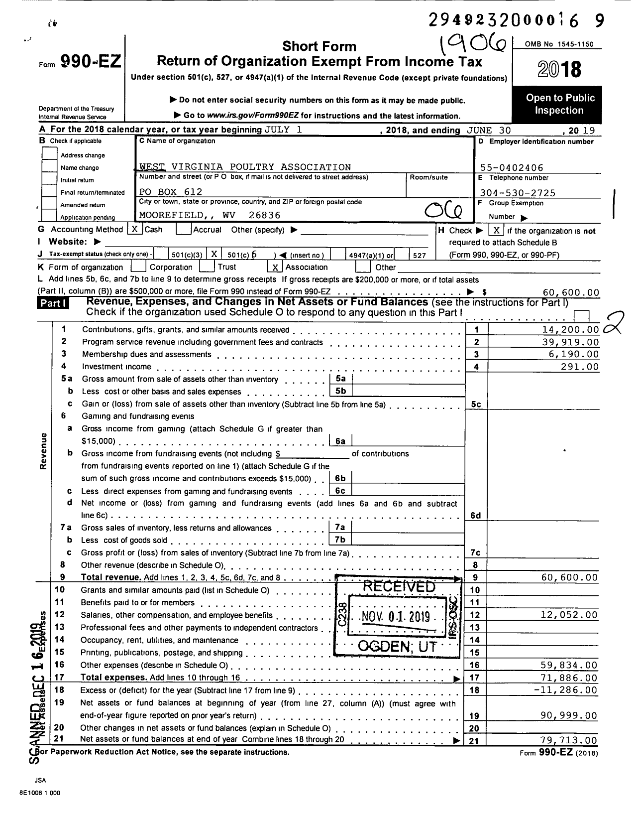 Image of first page of 2018 Form 990EO for West Virginia Poultry Association