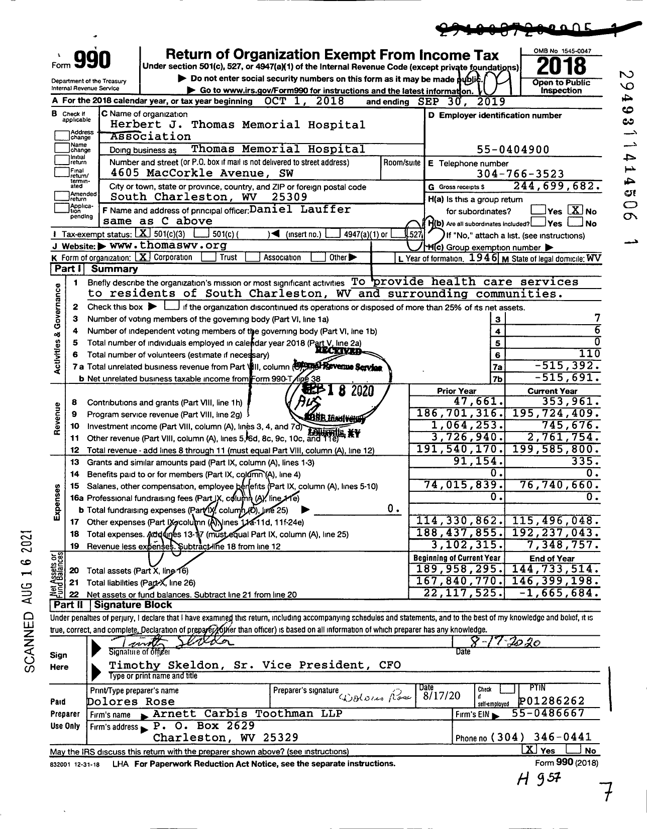 Image of first page of 2018 Form 990 for Thomas Health System