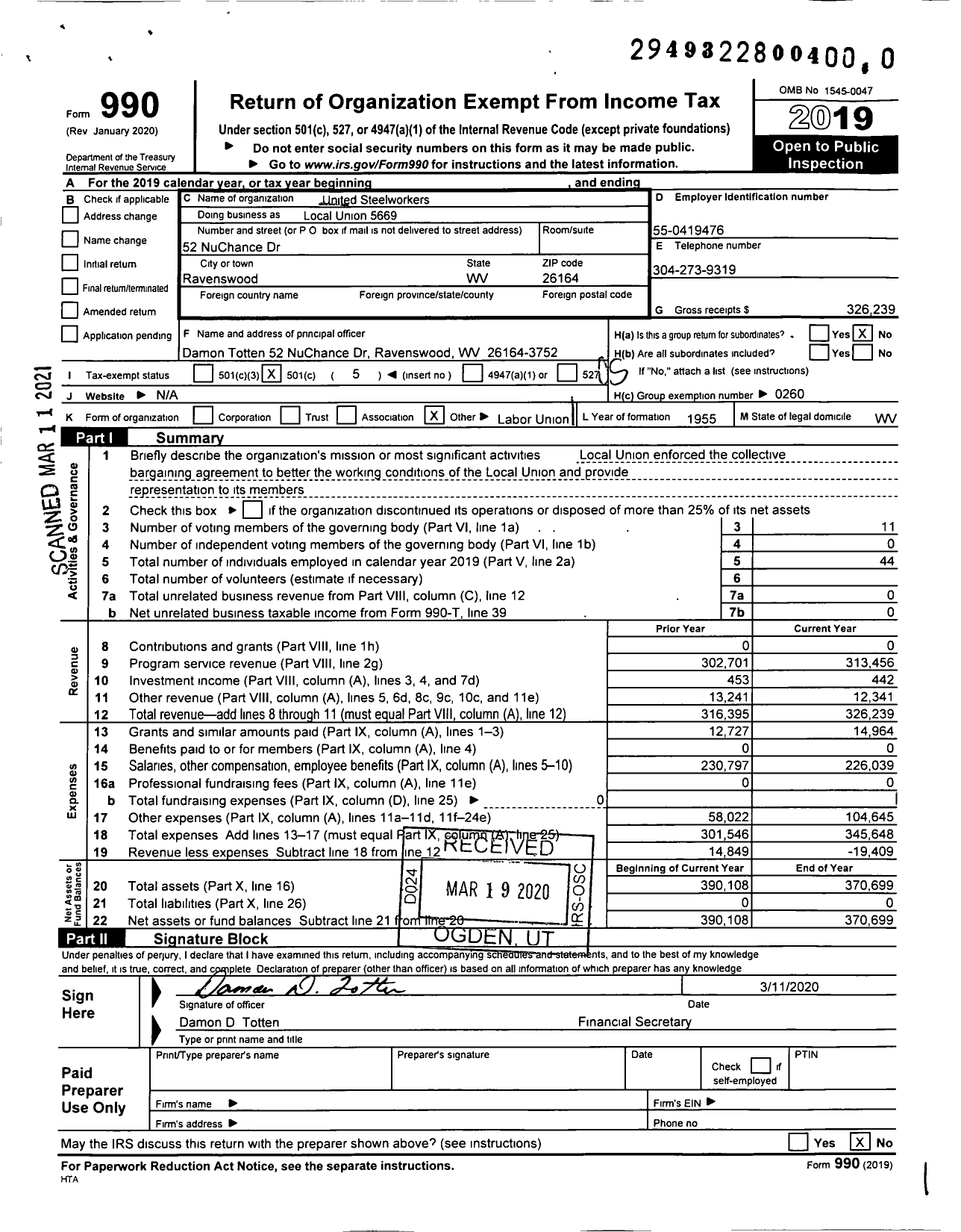 Image of first page of 2019 Form 990O for United Steelworkers - Local Union 5668