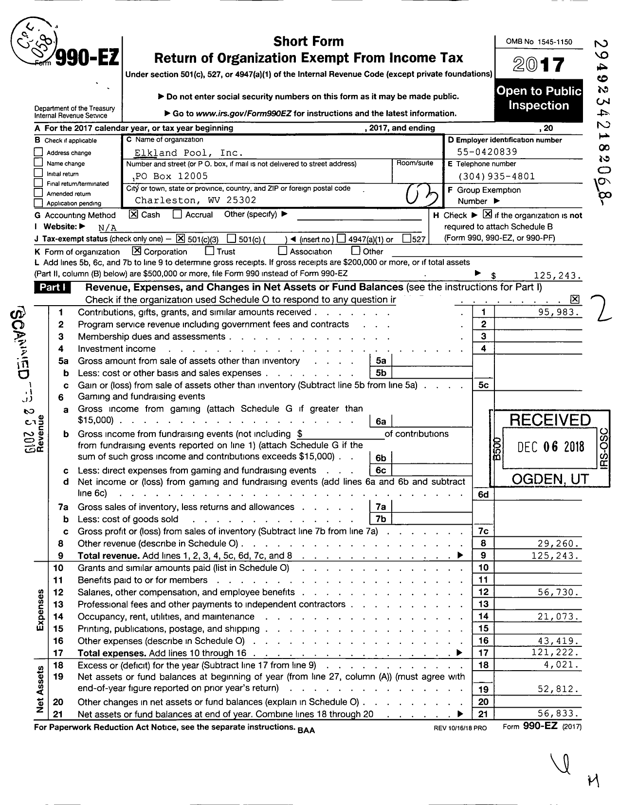 Image of first page of 2017 Form 990EZ for Elkland Pool