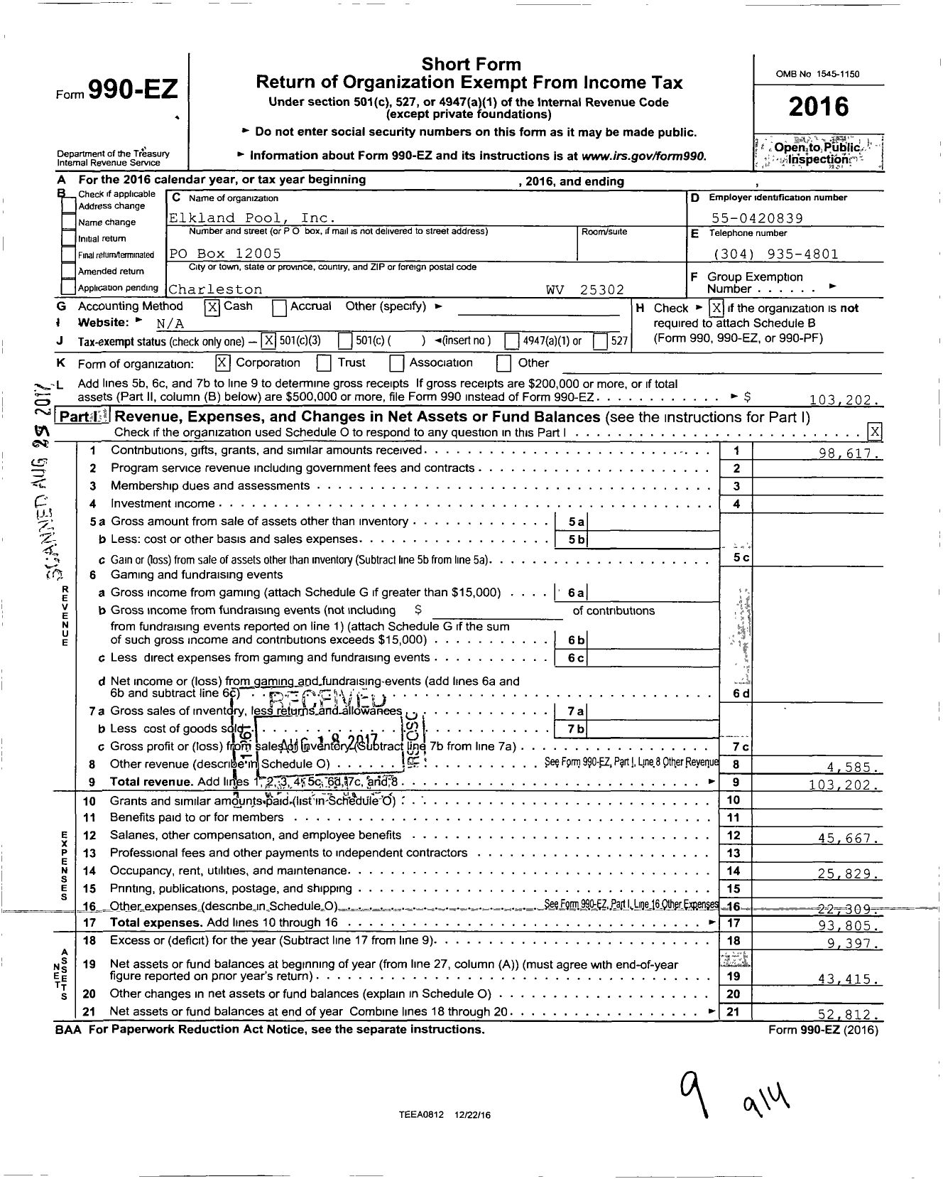 Image of first page of 2016 Form 990EZ for Elkland Pool