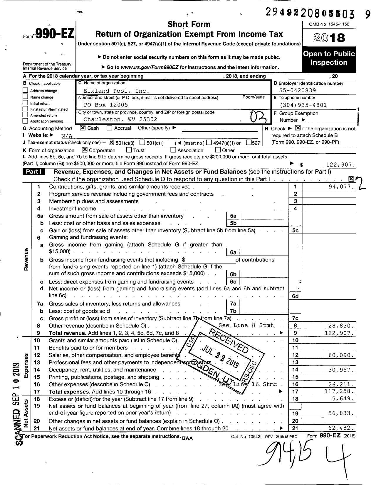 Image of first page of 2018 Form 990EZ for Elkland Pool