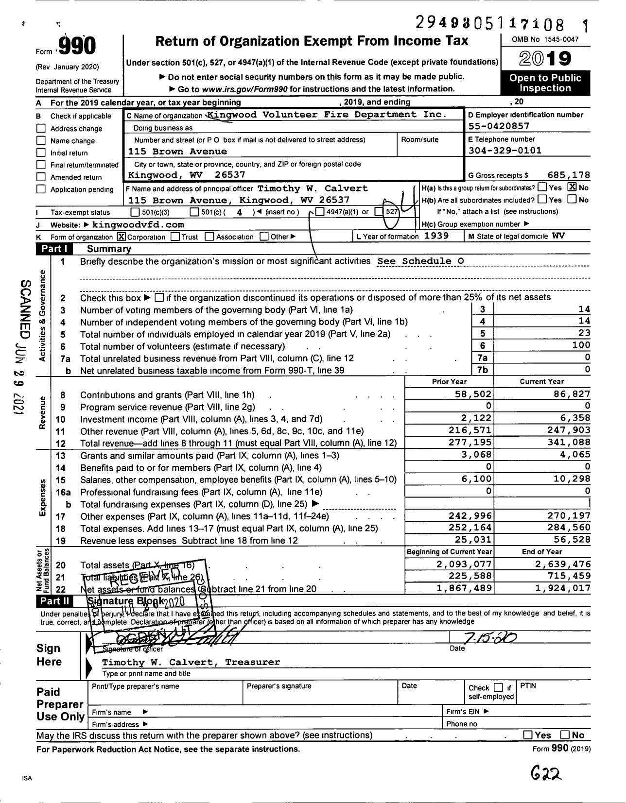 Image of first page of 2019 Form 990O for Kingwood Volunteer Fire Department