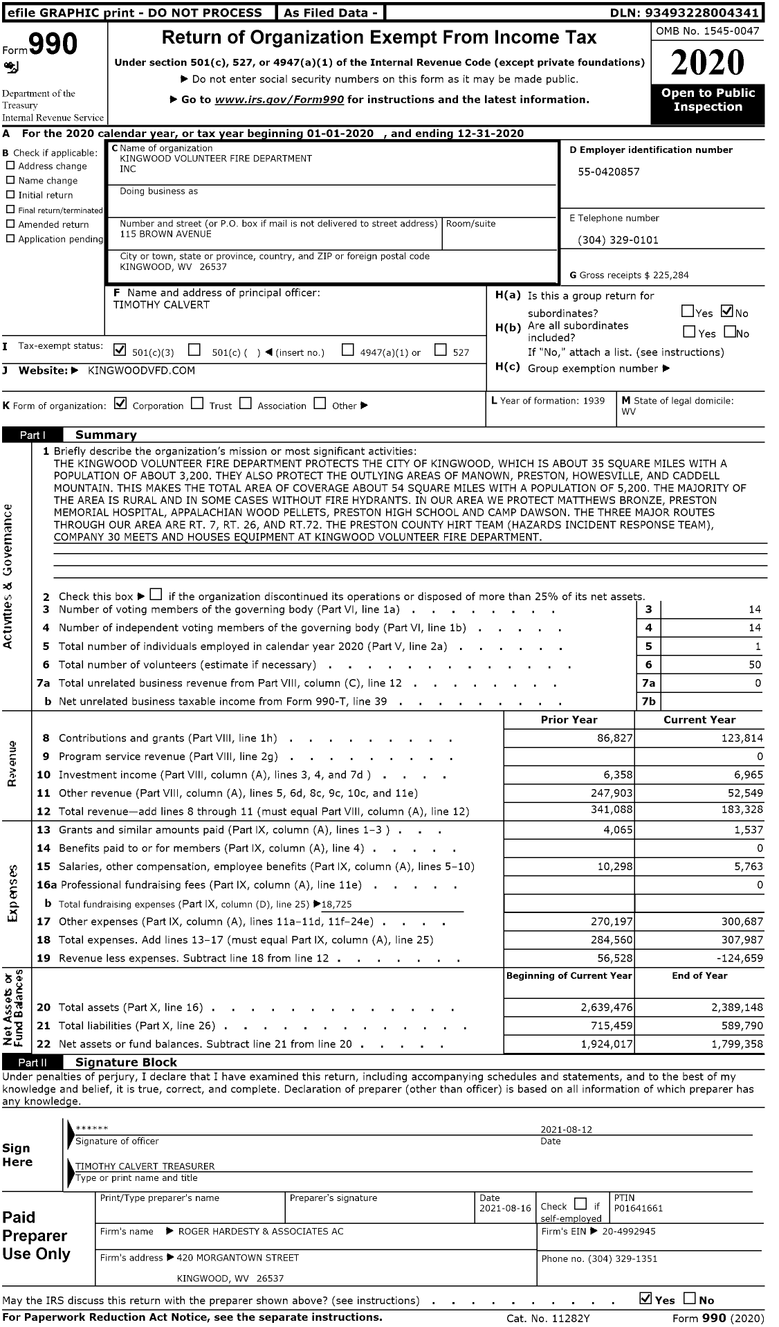 Image of first page of 2020 Form 990 for Kingwood Volunteer Fire Department