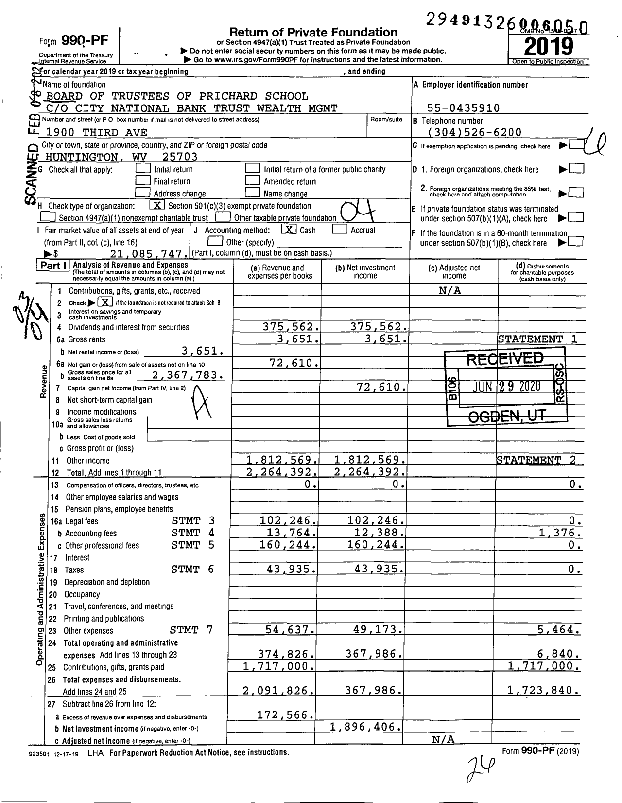 Image of first page of 2019 Form 990PF for Board of Trustees of Prichard School