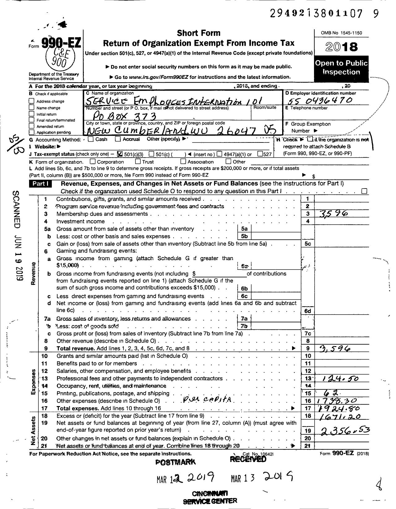 Image of first page of 2018 Form 990EO for Service Employees International Union - 101 Race Track Employees Union