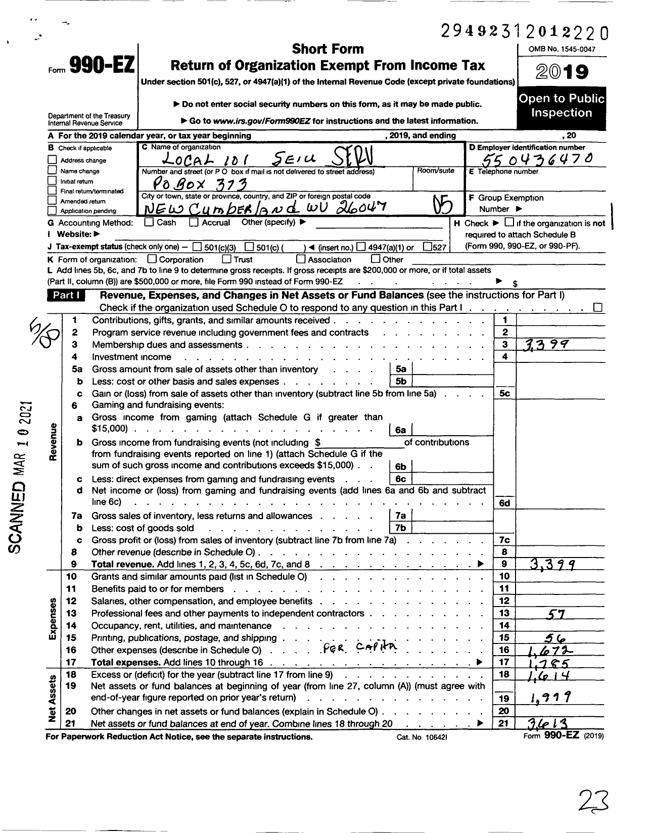 Image of first page of 2019 Form 990EO for Service Employees International Union - 101 Race Track Employees Union