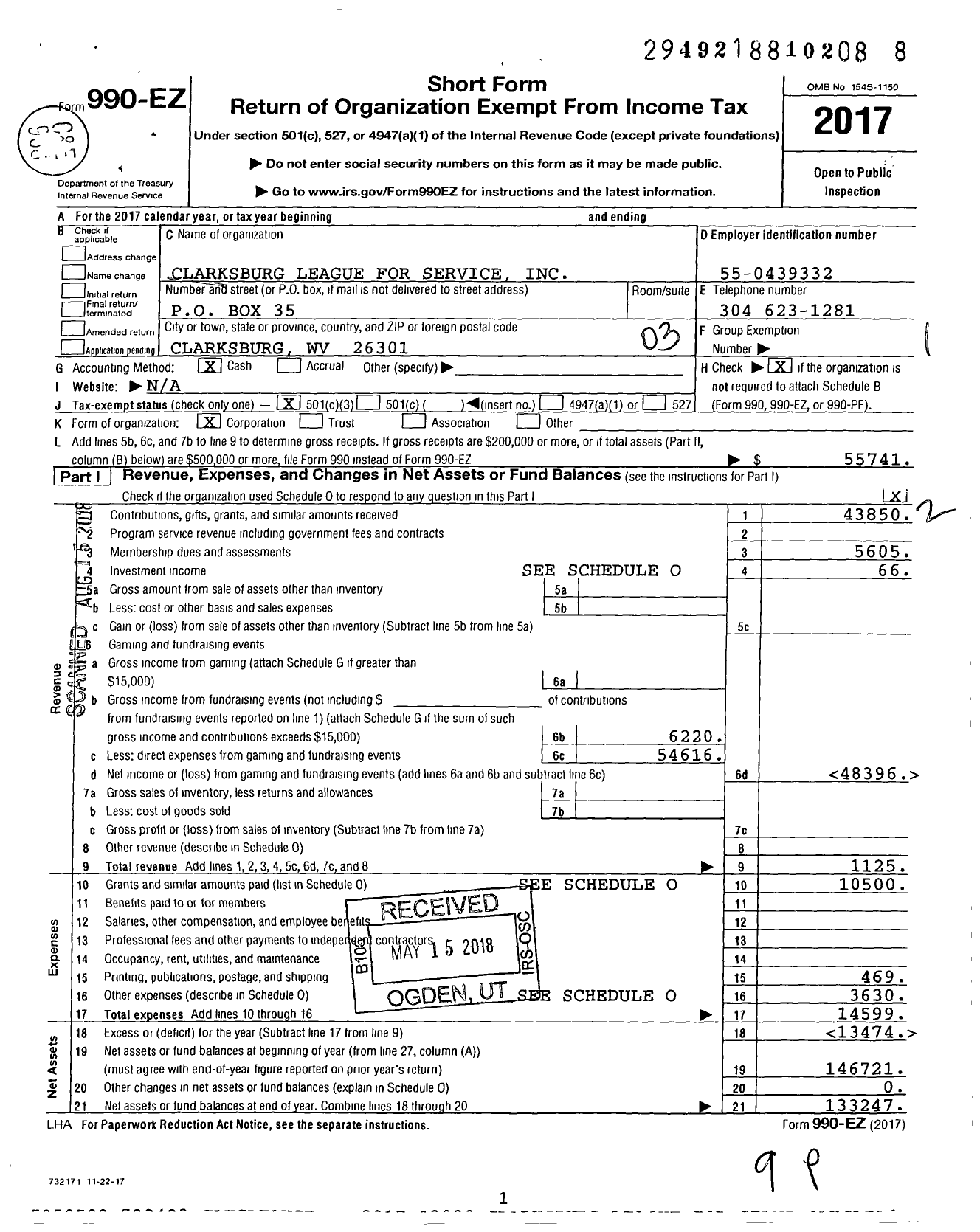 Image of first page of 2017 Form 990EZ for Clarksburg League for Service