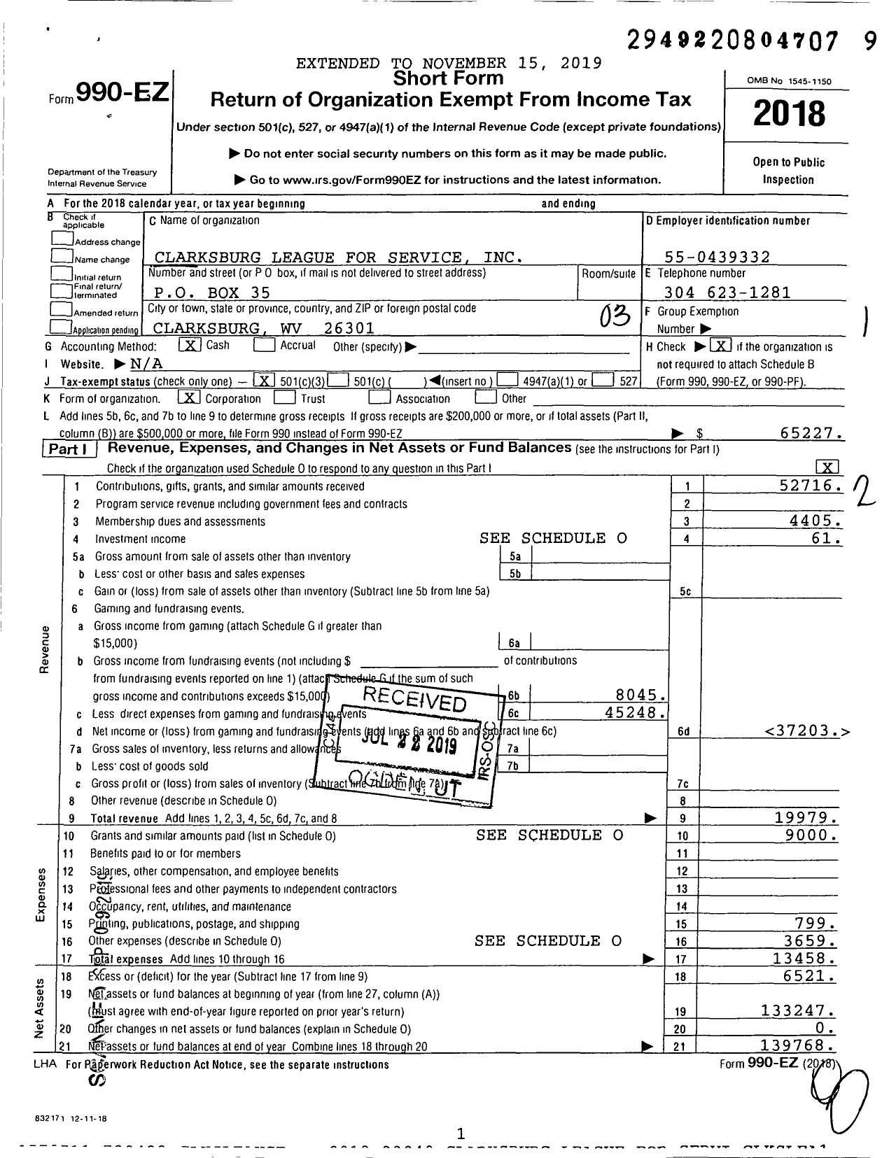 Image of first page of 2018 Form 990EZ for Clarksburg League for Service