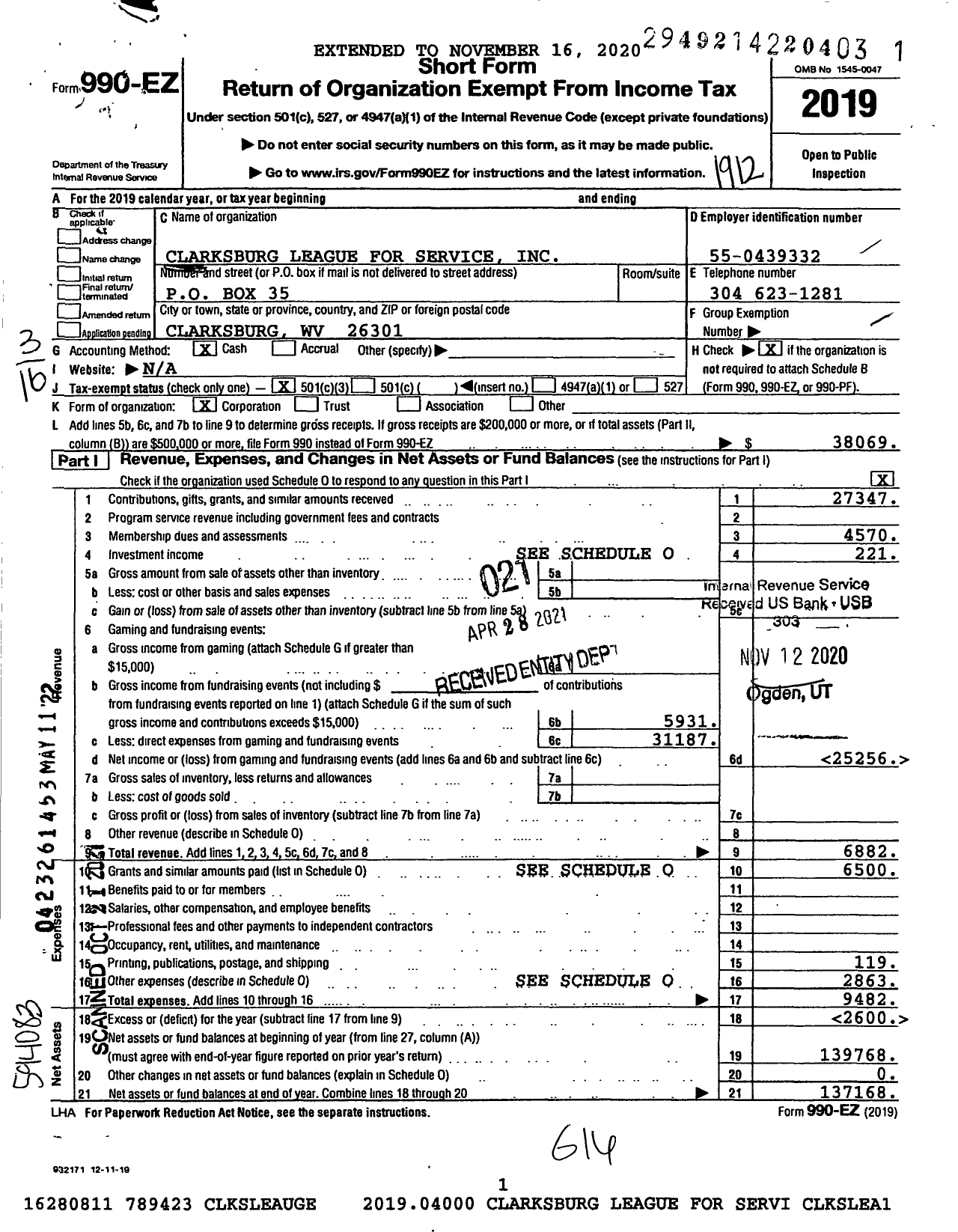 Image of first page of 2019 Form 990EZ for Clarksburg League for Service