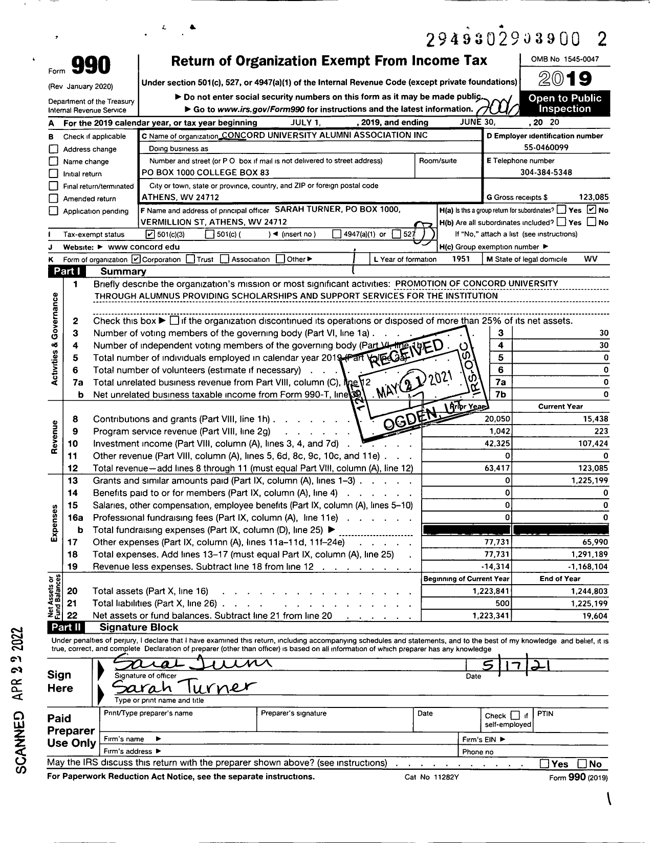 Image of first page of 2019 Form 990 for Concord University Alumni Association