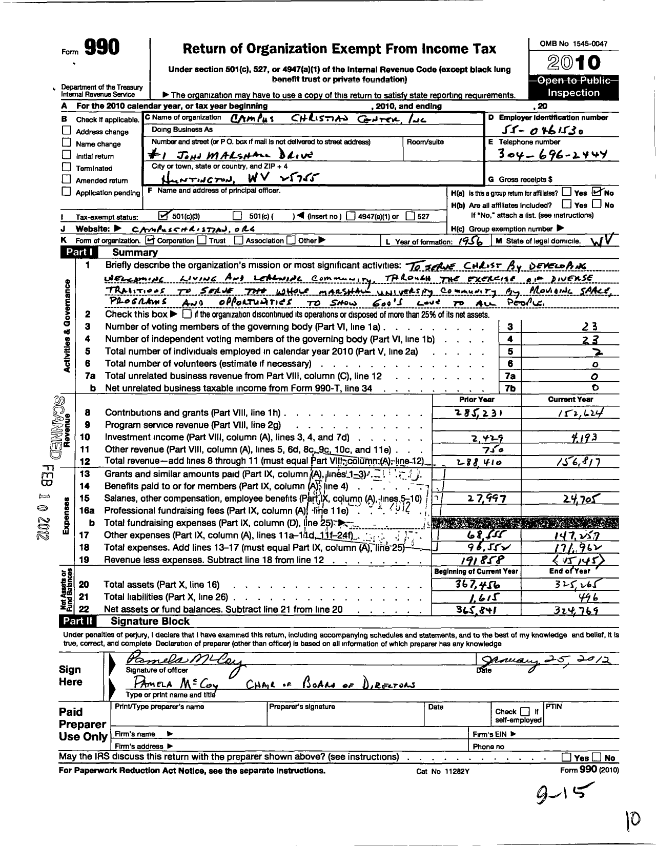 Image of first page of 2010 Form 990 for Campus Christian Center