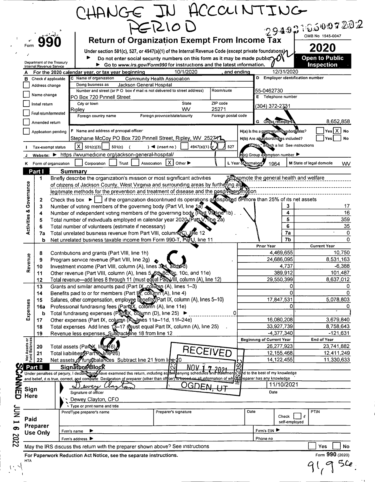Image of first page of 2020 Form 990 for Jackson General Hospital (JGH)