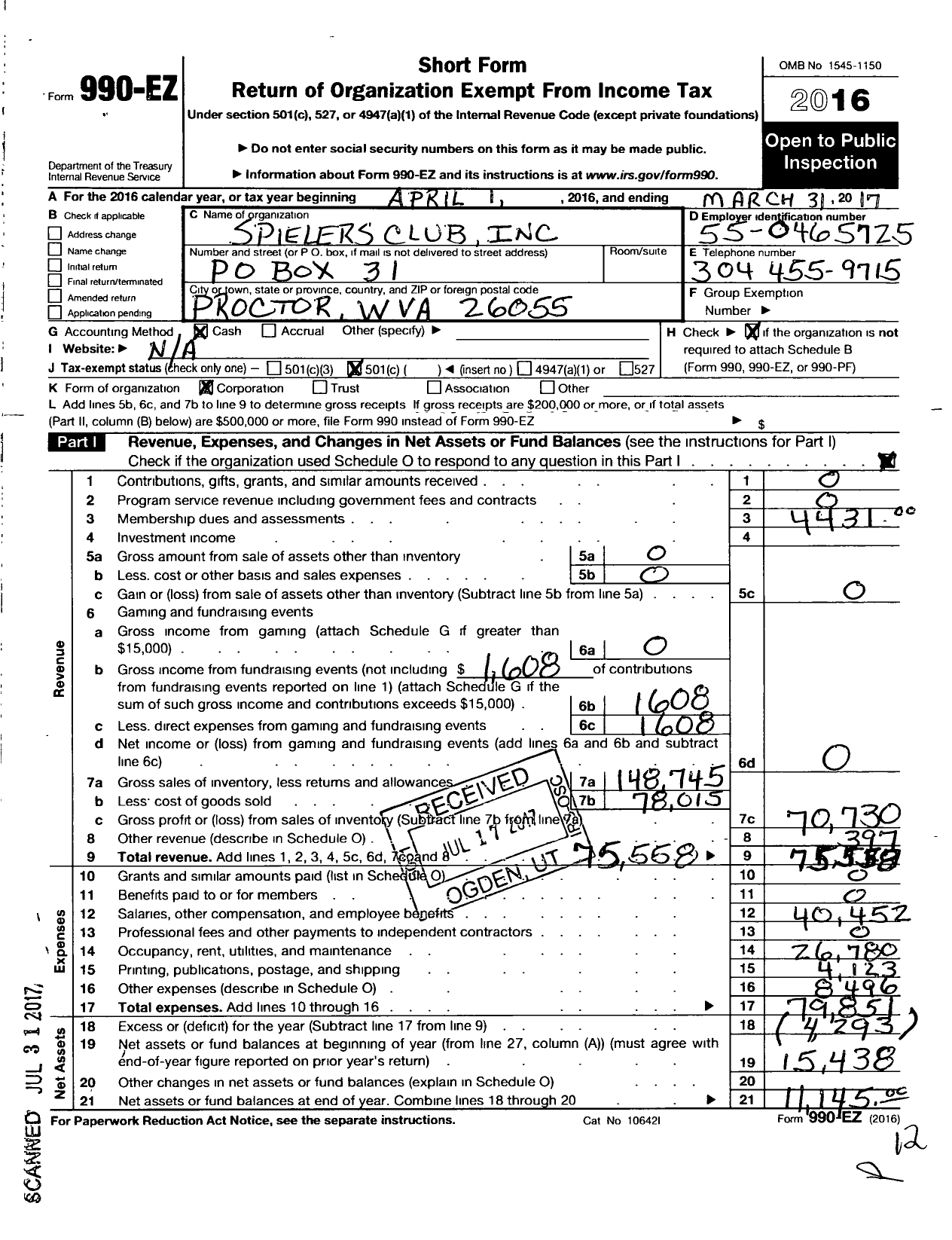 Image of first page of 2016 Form 990EO for The Spielers