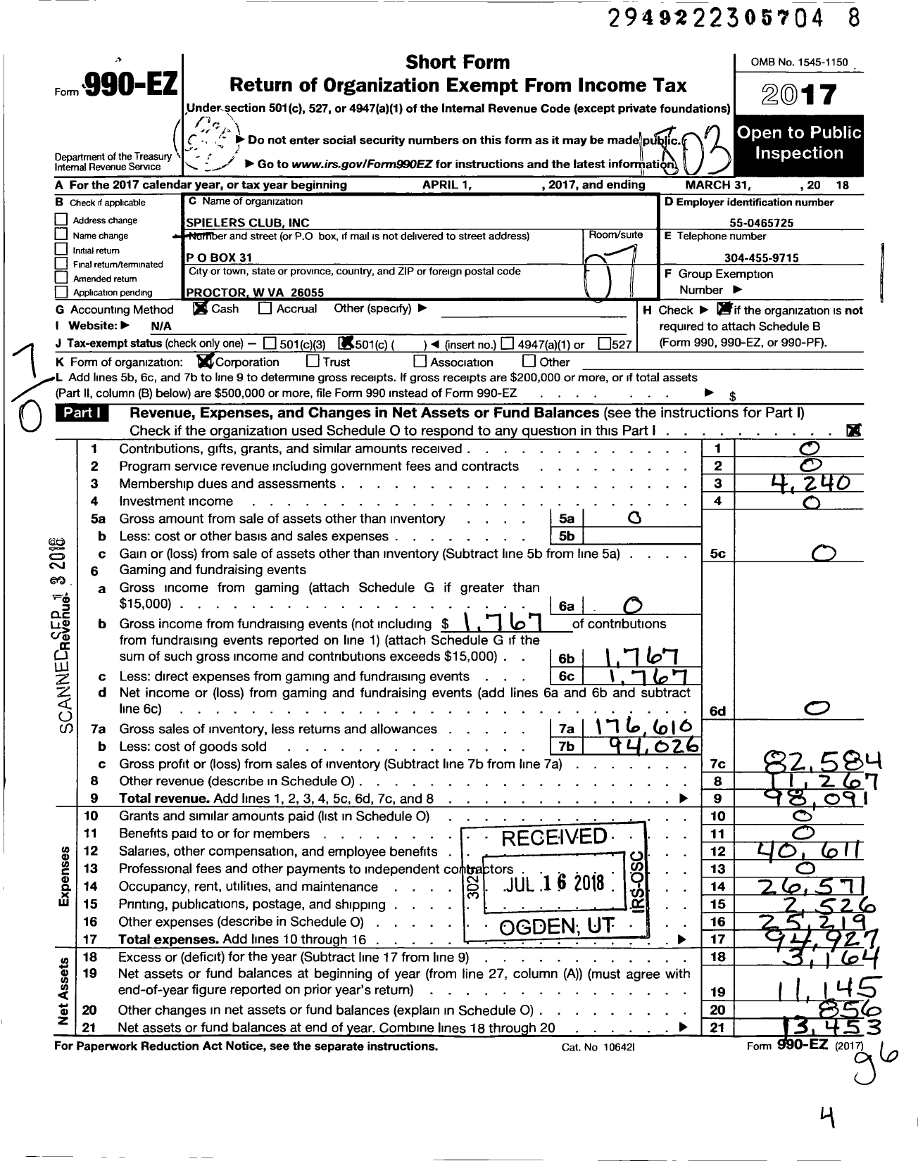 Image of first page of 2017 Form 990EO for The Spielers