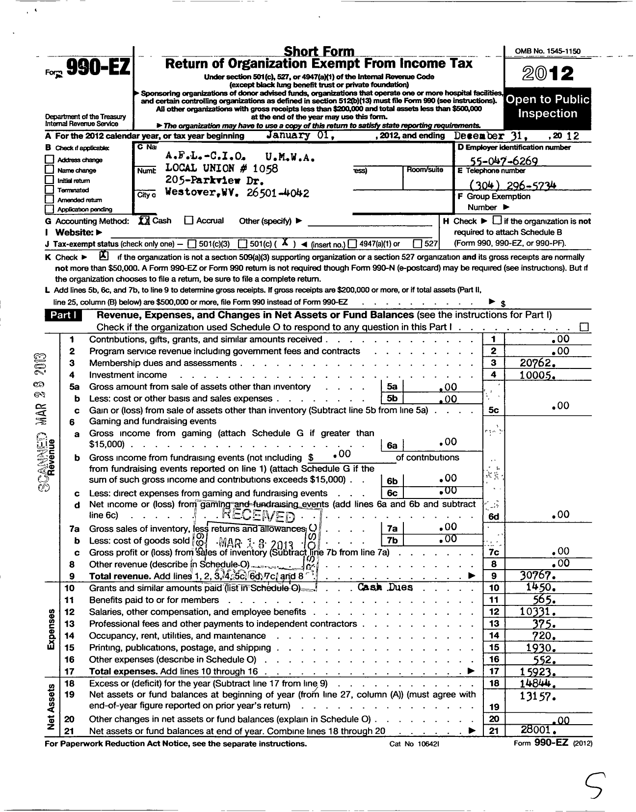 Image of first page of 2012 Form 990EO for United Mine Workers of America International / 1058