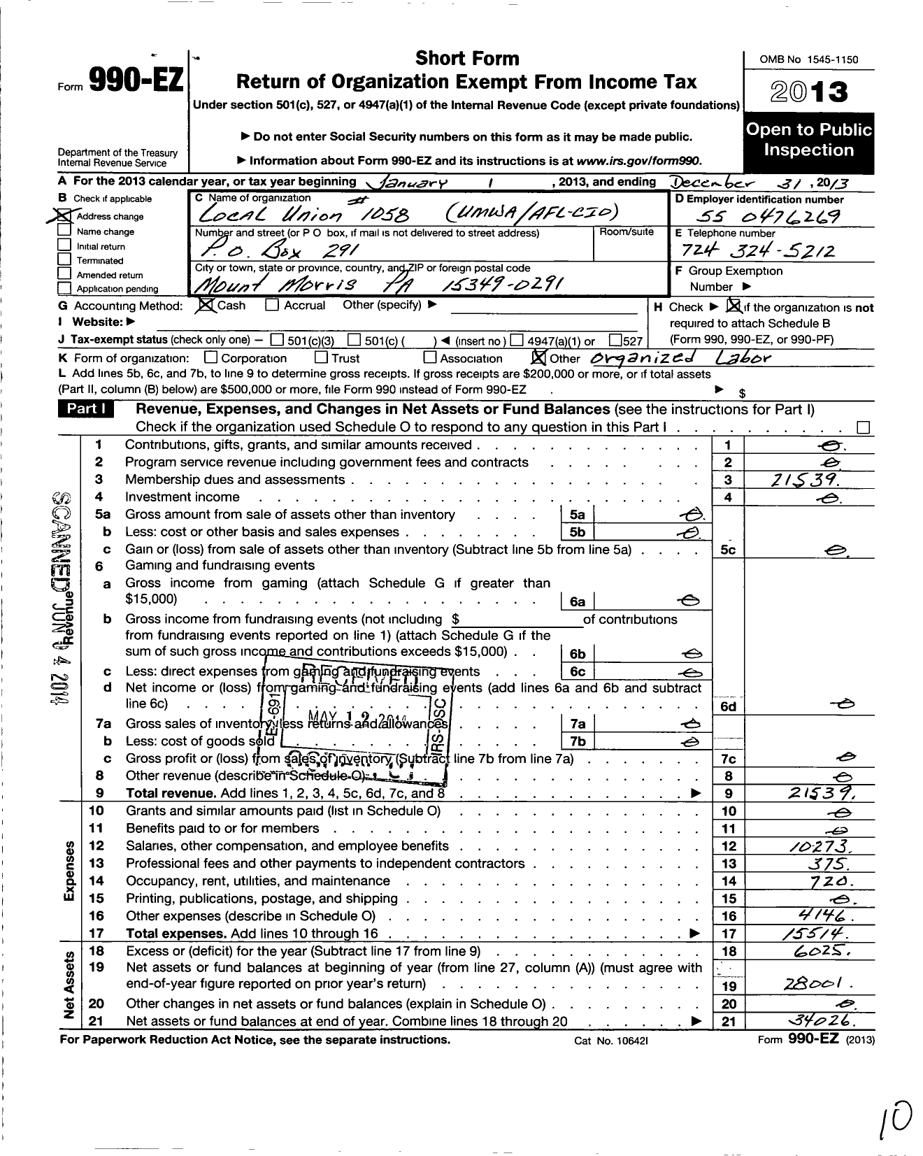 Image of first page of 2013 Form 990EO for United Mine Workers of America International / 1058