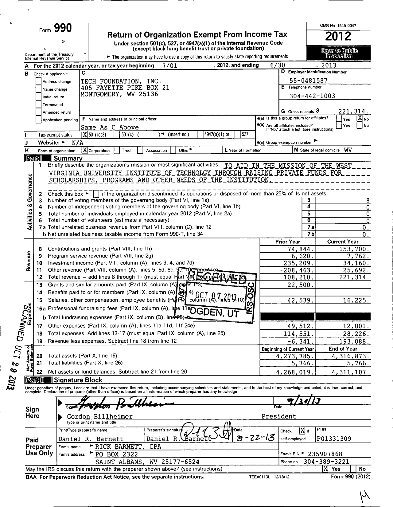 Image of first page of 2012 Form 990 for Tech Foundation