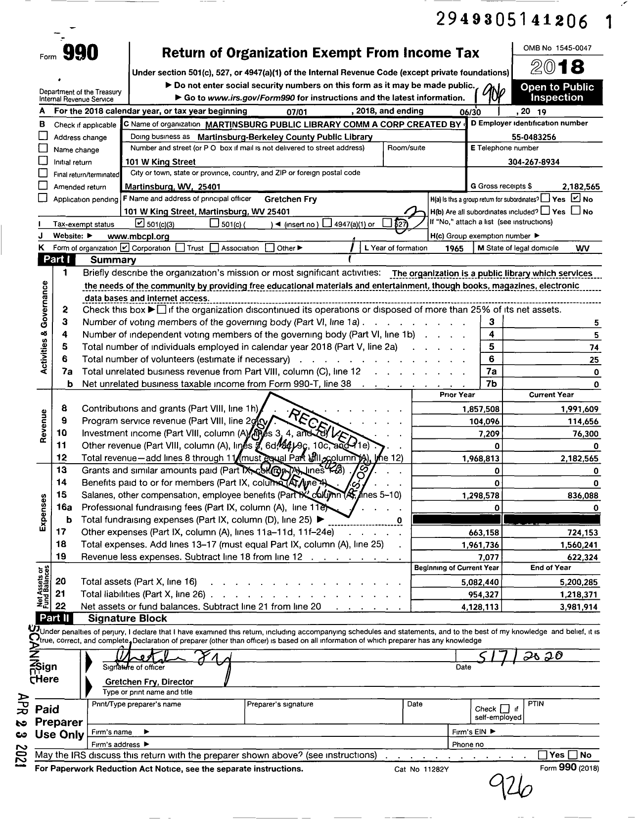 Image of first page of 2018 Form 990 for Martinsburg-Berkeley County Public Library (MBCPL)