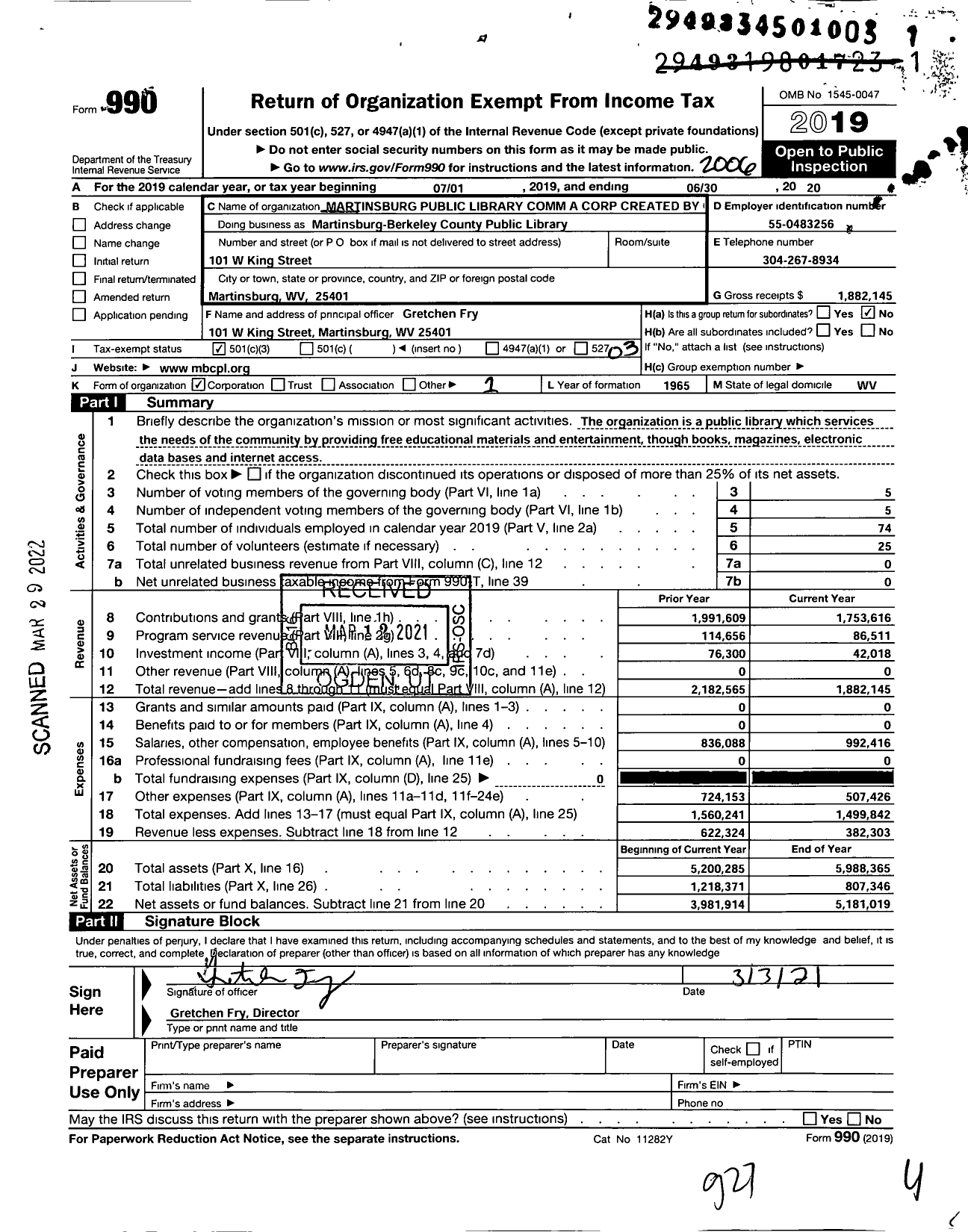 Image of first page of 2019 Form 990 for Martinsburg-Berkeley County Public Library (MBCPL)