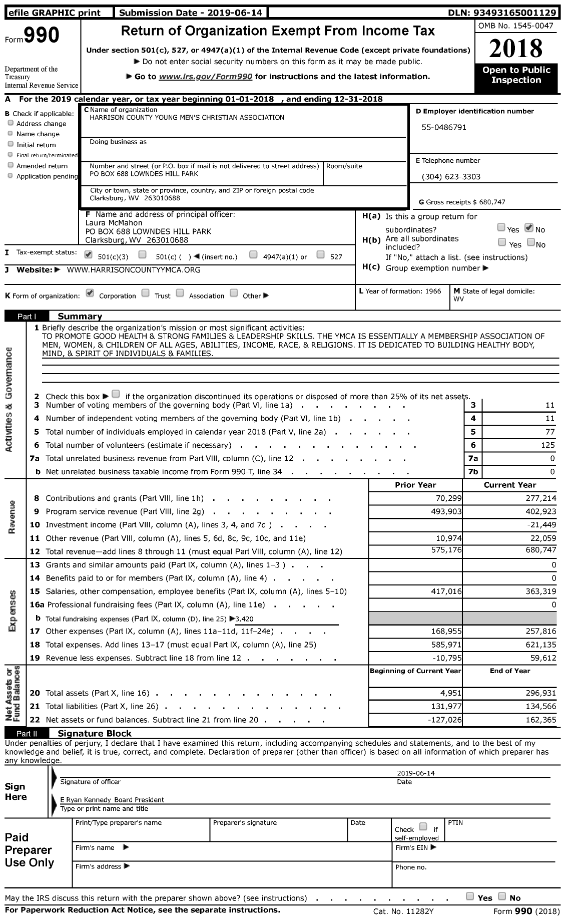 Image of first page of 2018 Form 990 for YMCA of North Central West Virginia