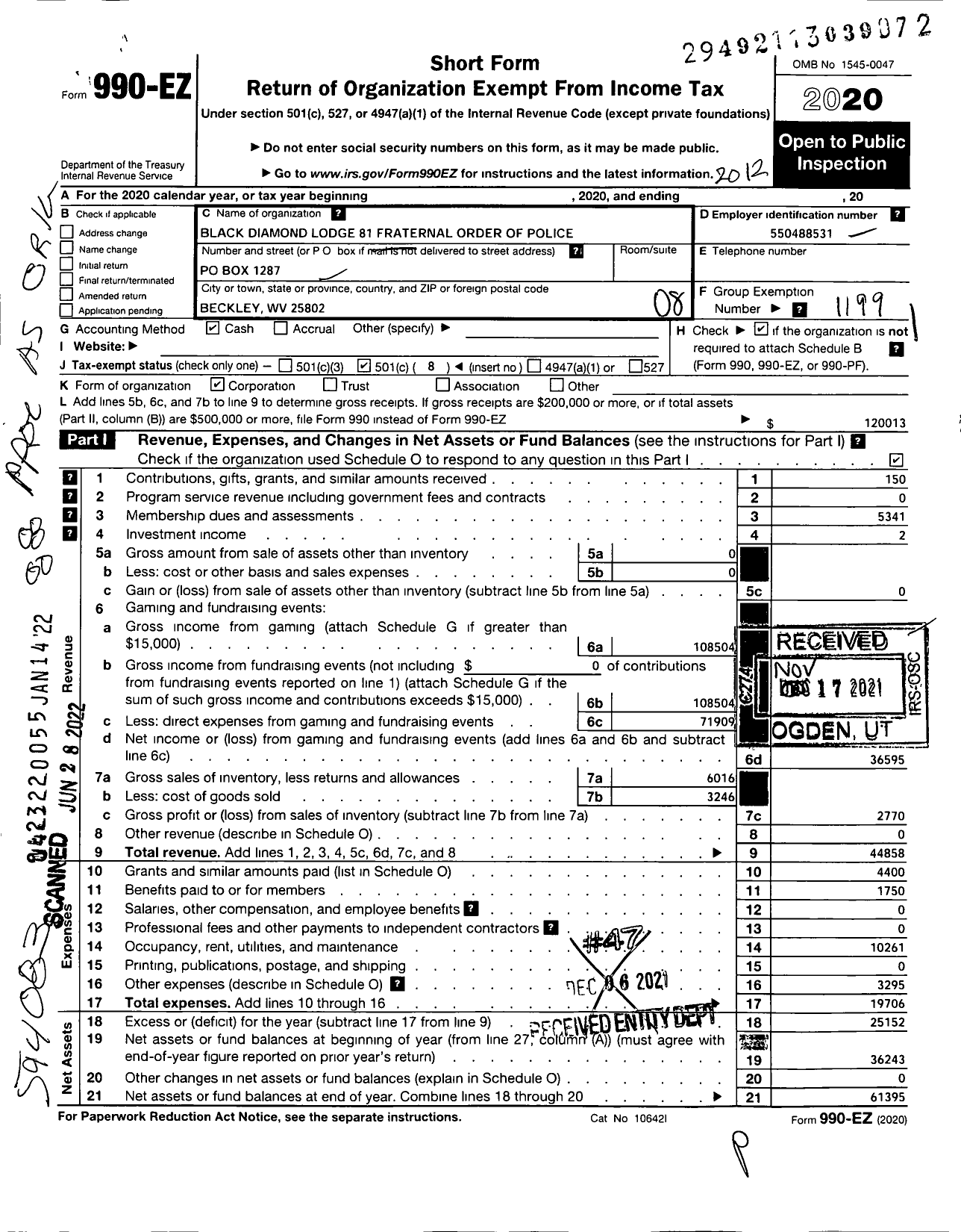 Image of first page of 2020 Form 990EO for Fraternal Order of Police - 81 Black Diamond Lodge