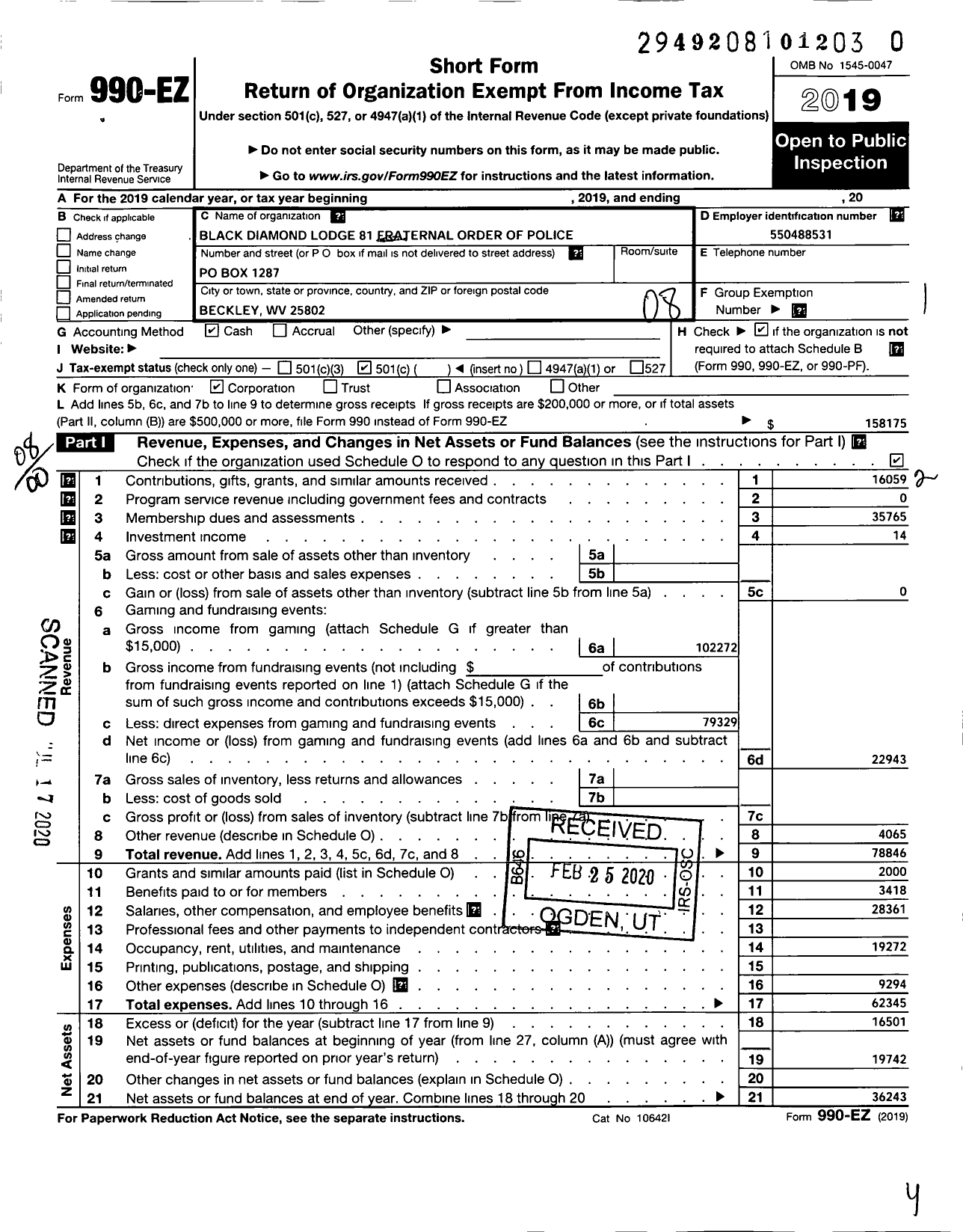 Image of first page of 2019 Form 990EO for Fraternal Order of Police - 81 Black Diamond Lodge