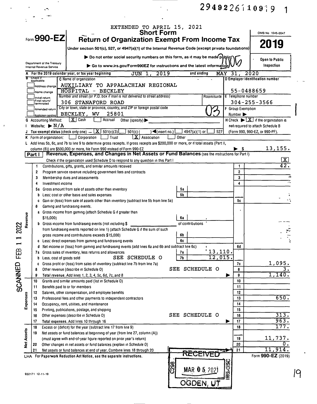 Image of first page of 2019 Form 990EZ for Auxiliary To the Appalachian Regional Hospital-Beckley